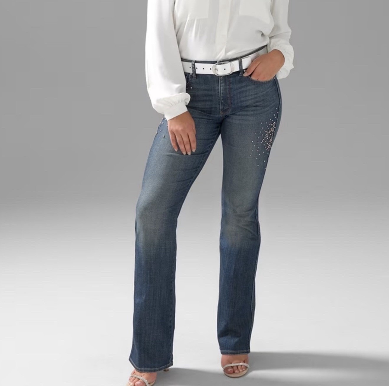 White House Black Market High Rise Embellished Skinny Flare Jeans Dark Blue 4S
