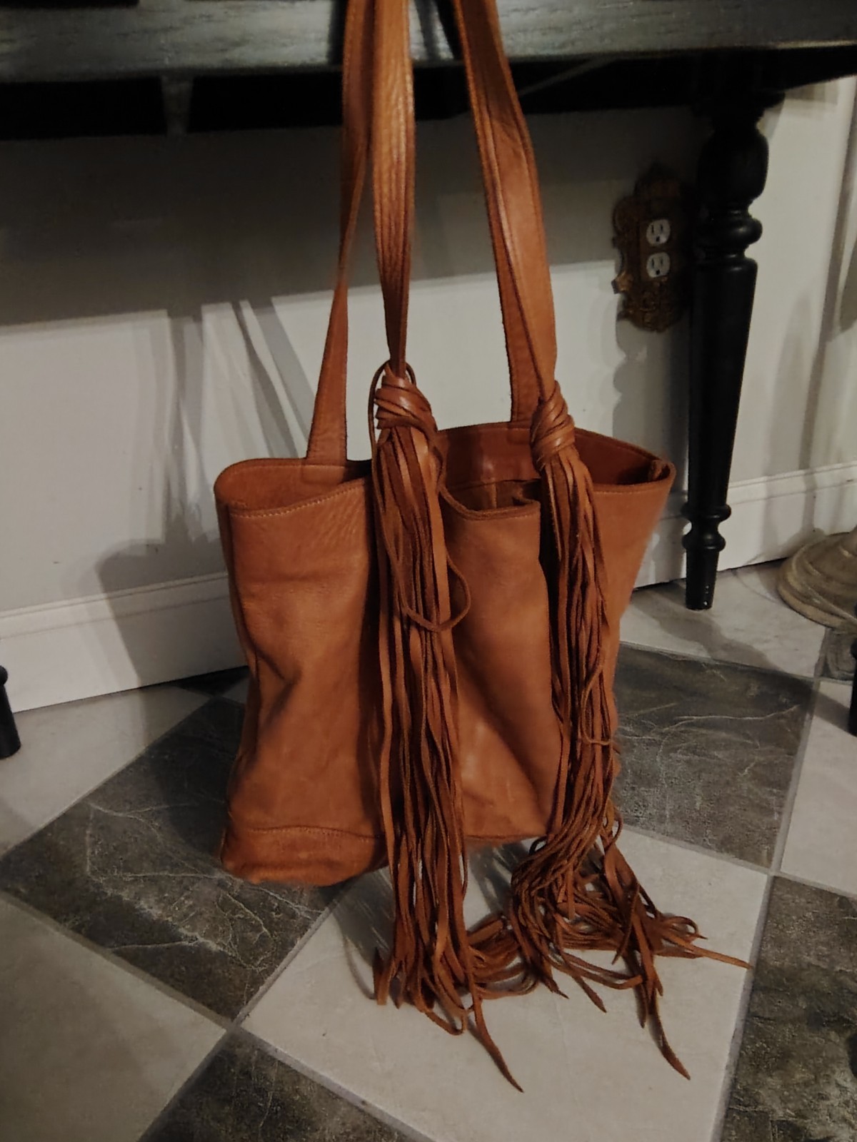 McFadin Texas Handmade Tan Leather Fringe Tote Bag Boho Western Stacy & Laurie