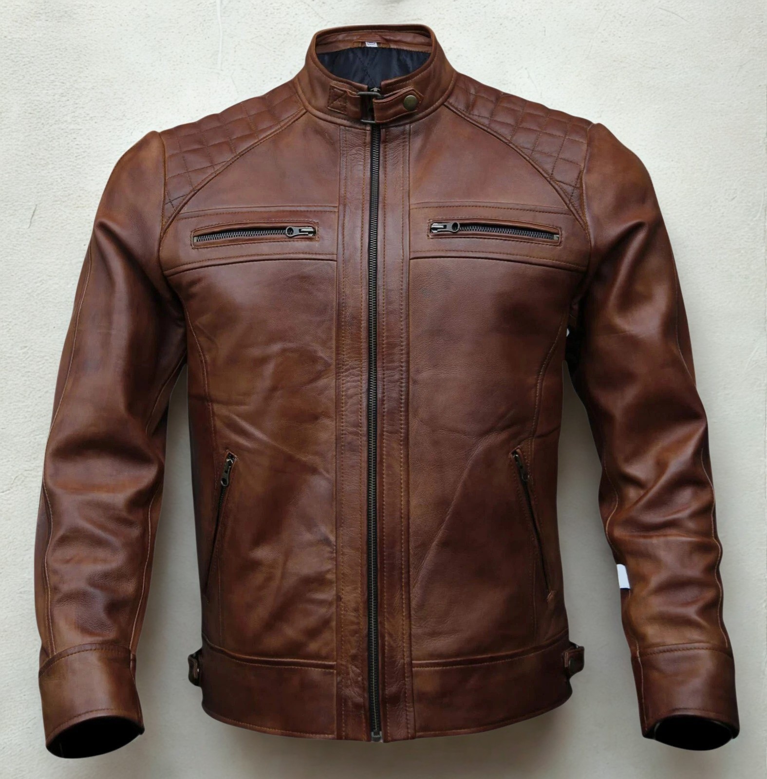 Men’s Genuine Sheepskin Leather Cafe Racer Motorcycle Biker Jacket Vintage Style