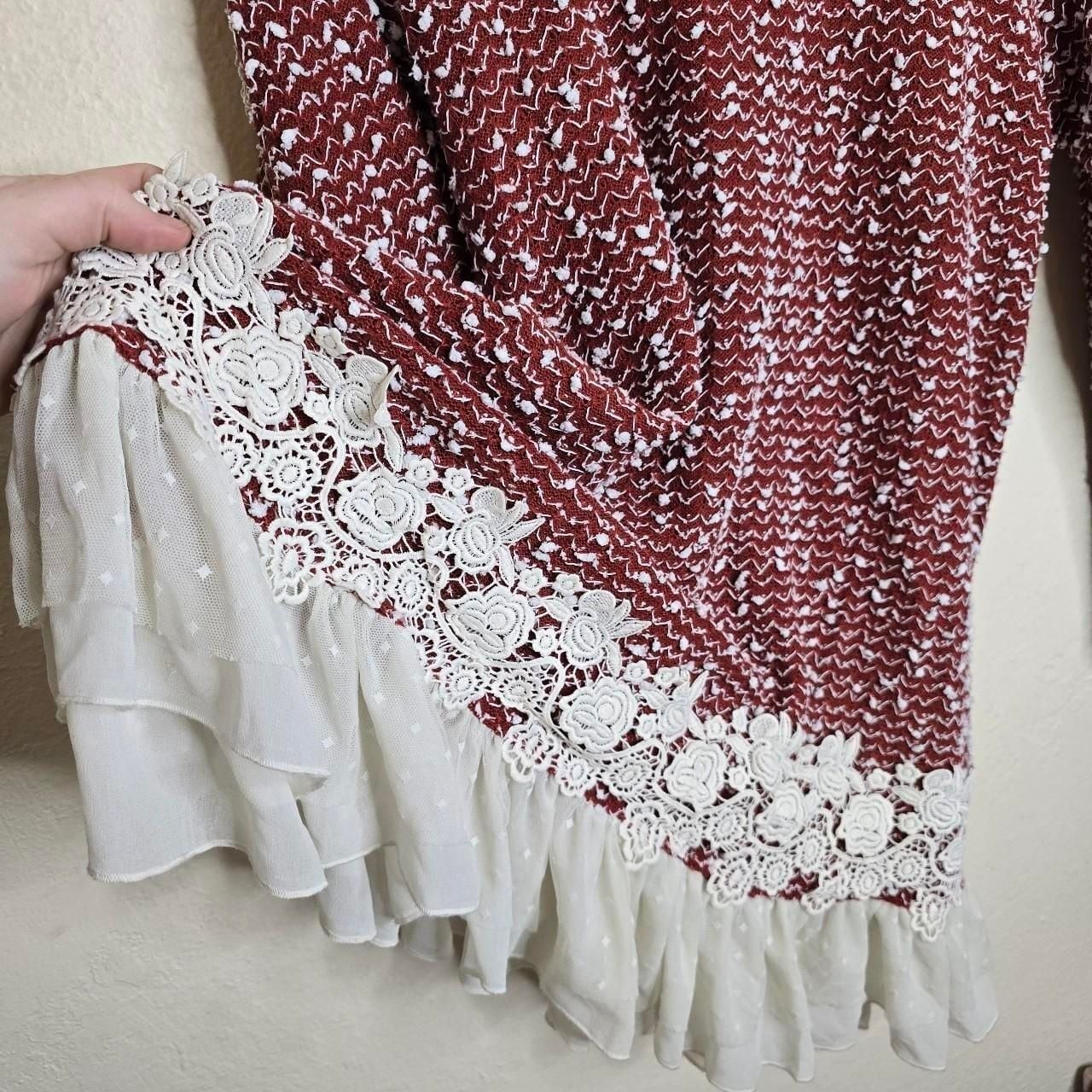 Burgundy Popcorn Knit Lace Ruffle Tunic Dress
