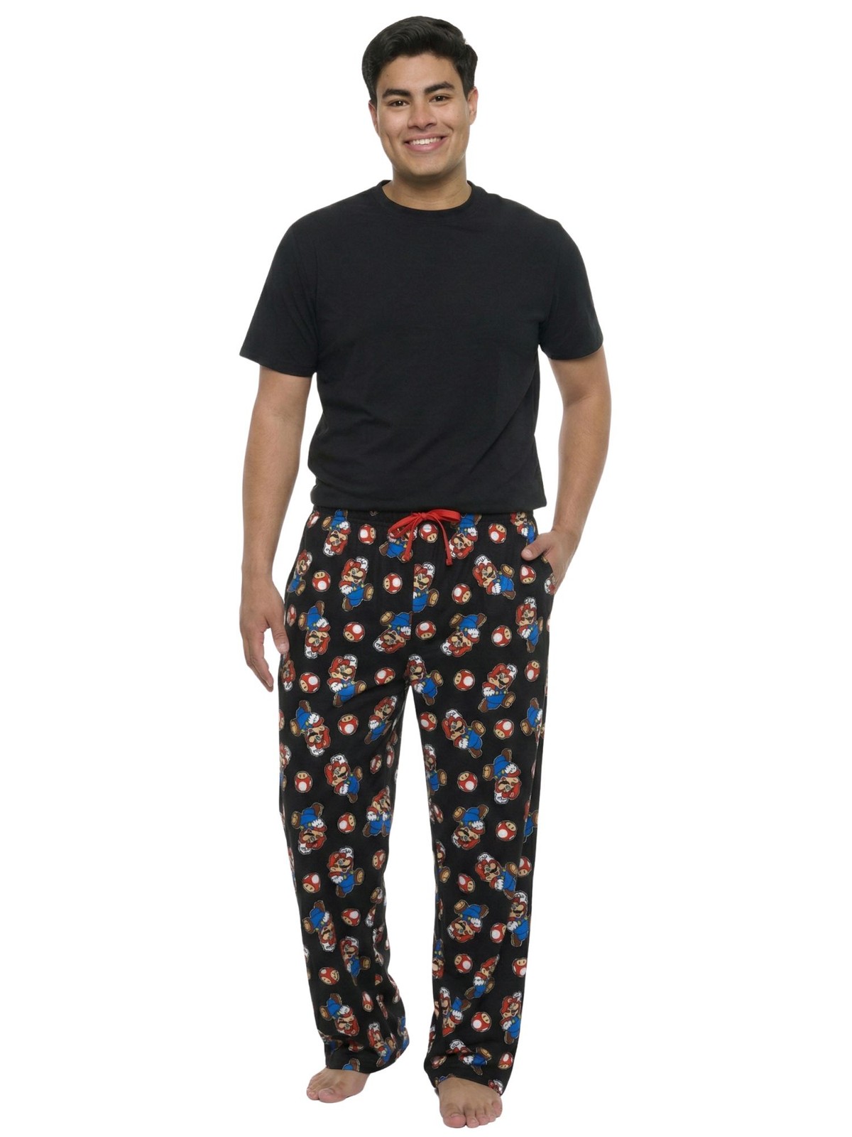 Nintendo Men’s Super Mario & Mushroom All-Over Print Pajama Sleep Pants, Black