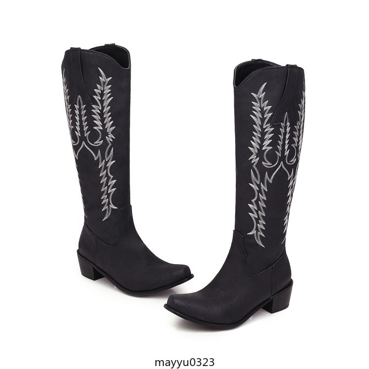 Womens Embossed Zip Mid Block Heel Cowgirl Mid Calf Knee High Boots Western PLus