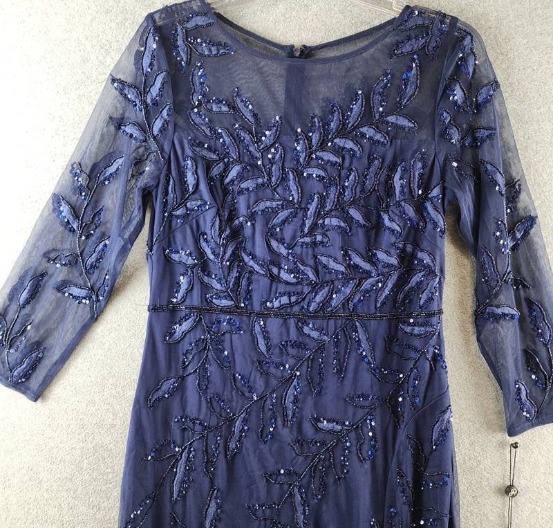 Adrianna Papell Long Sleeve Fully Beaded Mob Column Gown Women’s 10 Blue