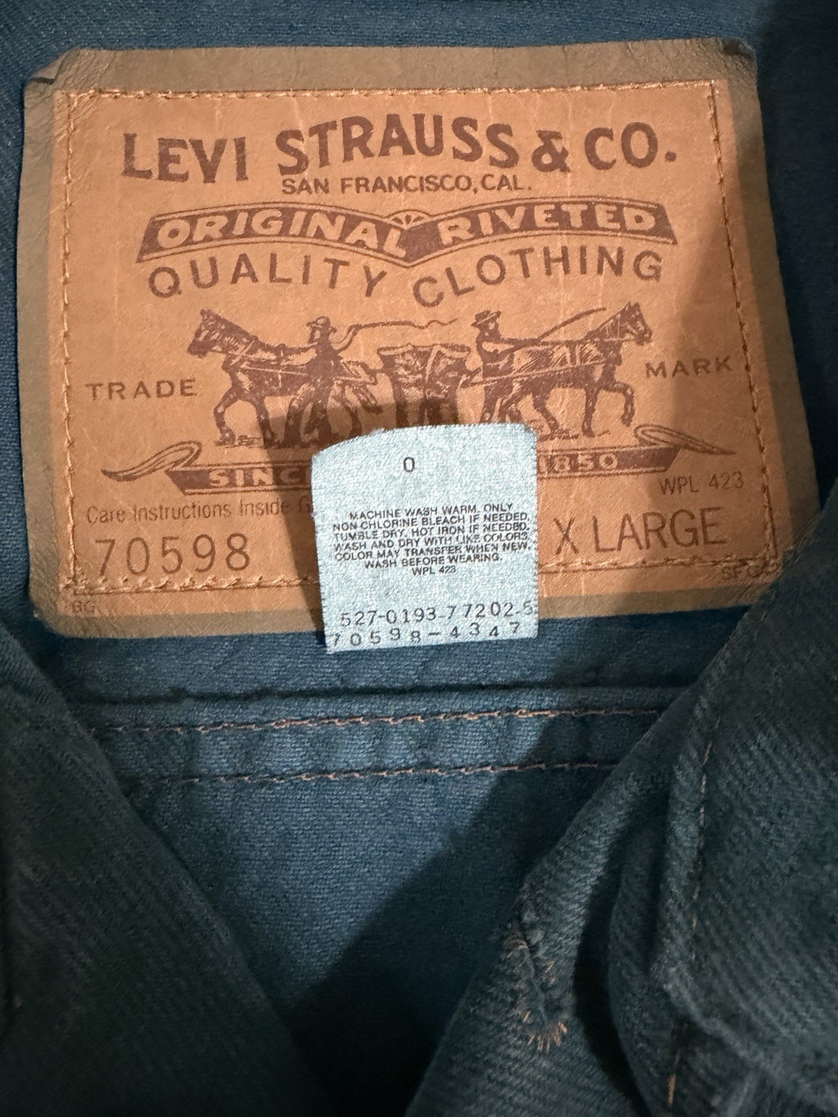 Vintage Levi’s Type 3 Green Denim Trucker Jacket Size XL USA Made 90s 70598 4347