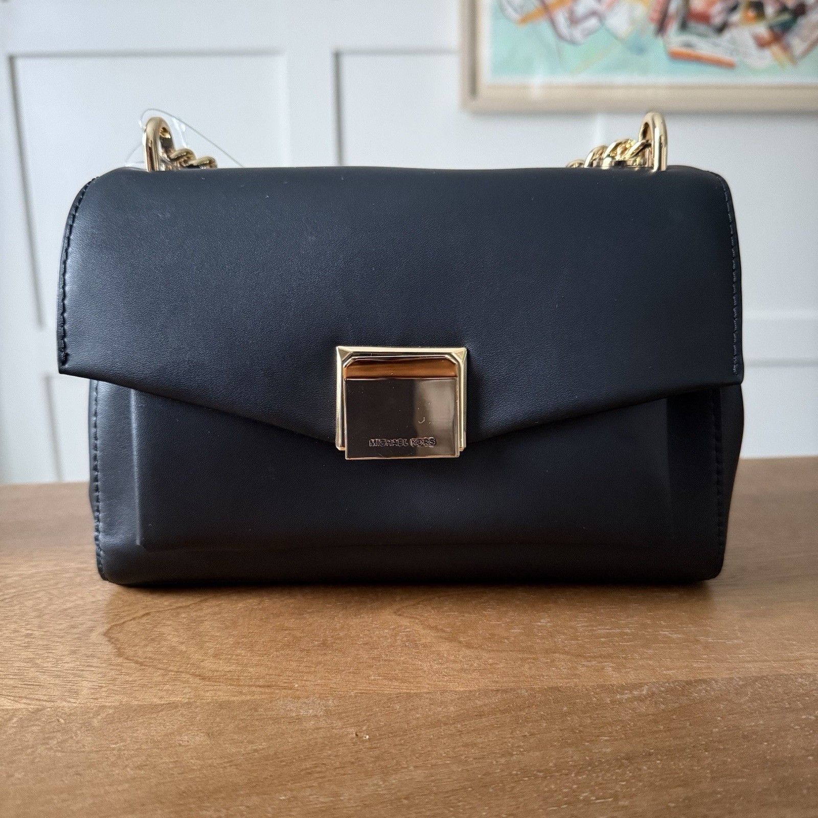 Michael Kors Black Small Shoulder Bag Push Lock Gold Chain Strap MK Charm