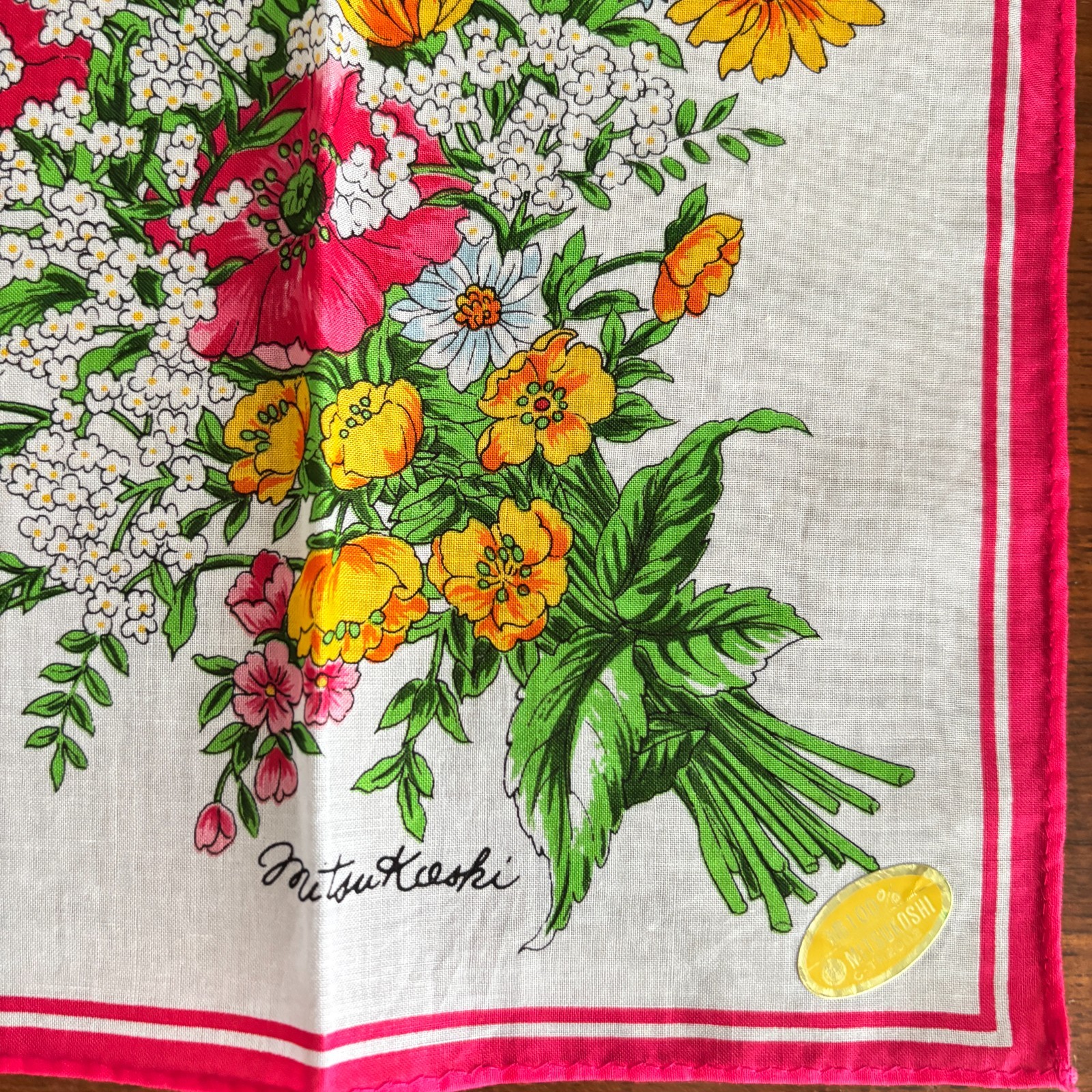 RARE Vintage Mitsukoshi Scarf Handkerchief 2pc Set Floral Pink Navy Cotton Japan