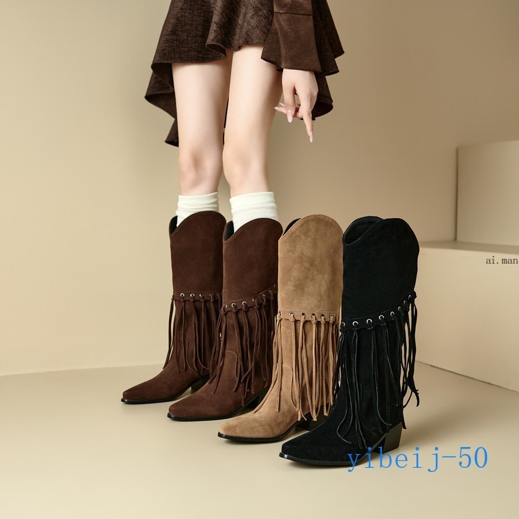 Women Tassel Mid Calf Boot Velvet Western Cowgirl Shoes Dress Formal Fall Winter