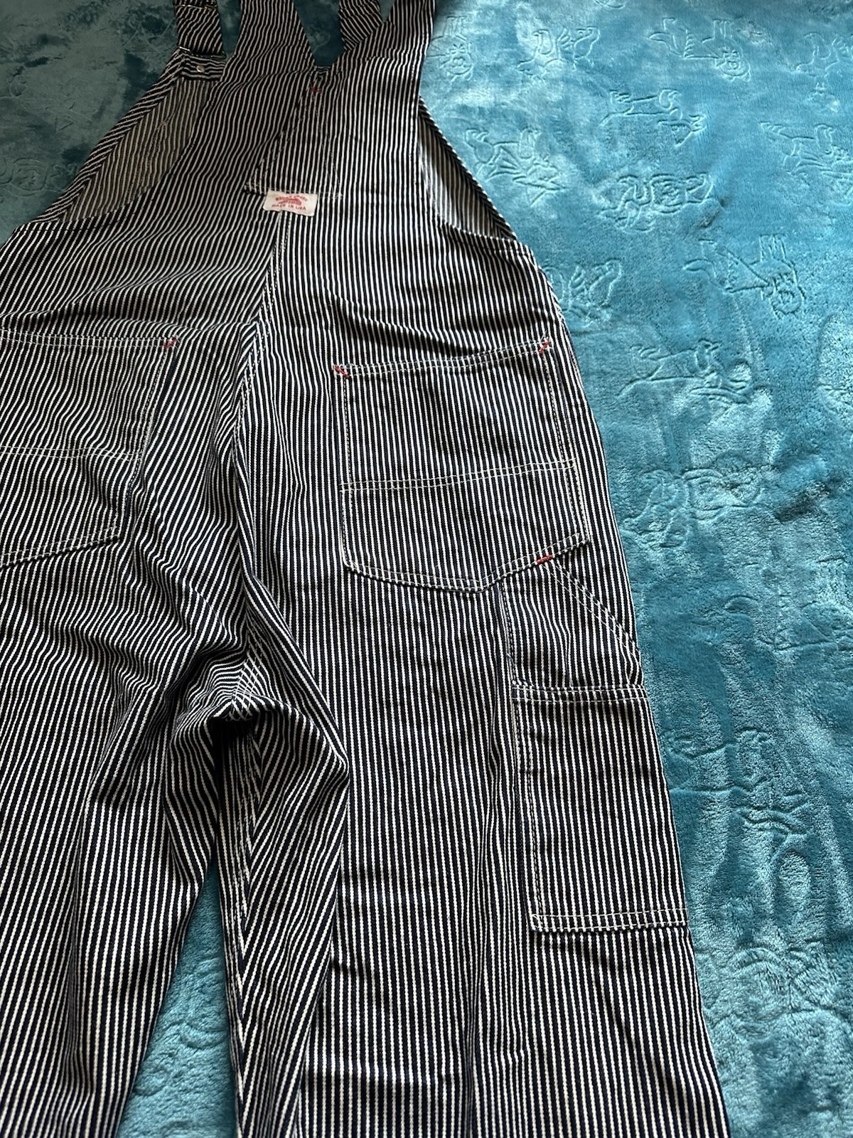 Round House Blue/White Stripe Cotton Denim Bib Overalls 36×34 Made in USA Lot 45