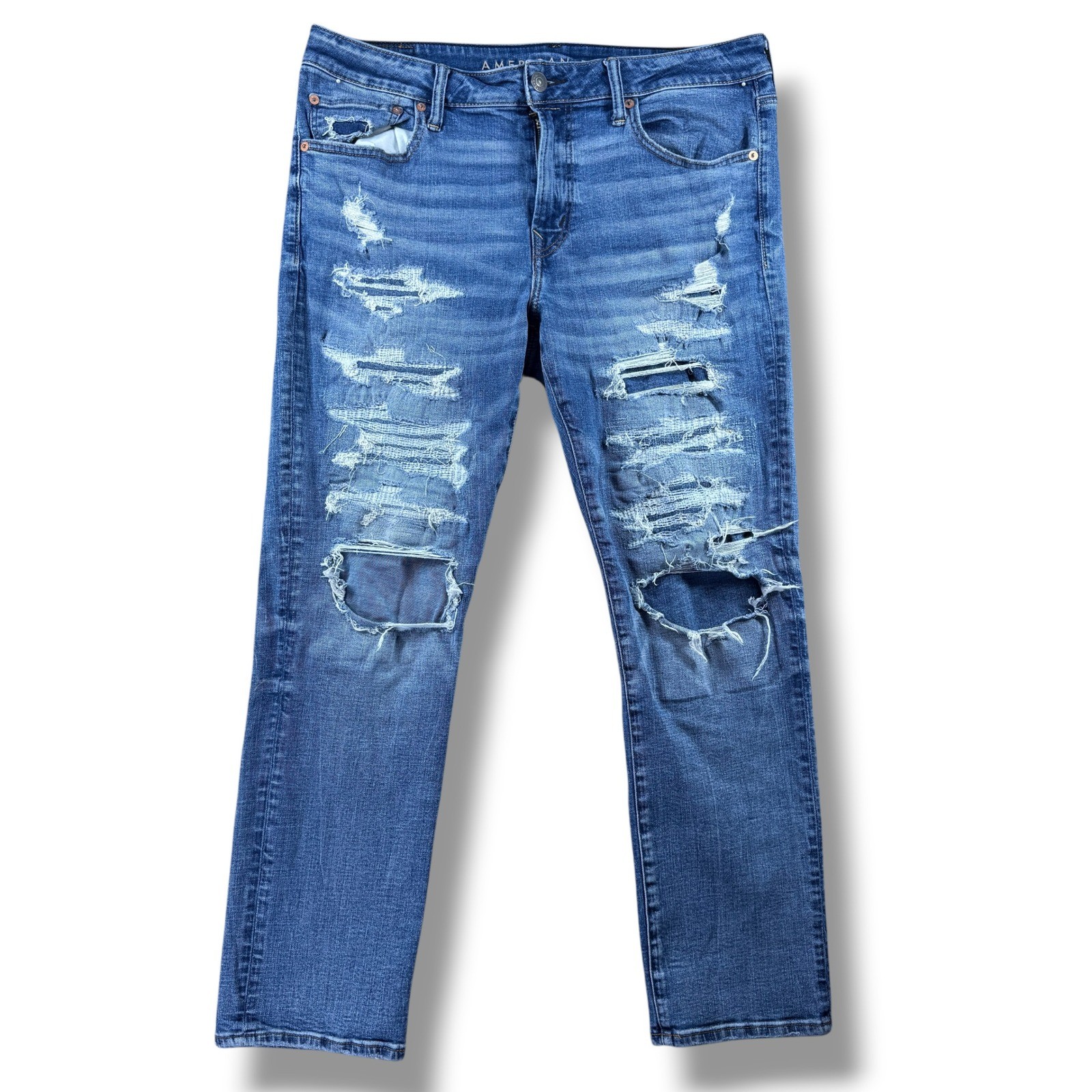 American Eagle Airflex+ Distressed Ripped Jeans Mens 36×30 Medium Wash Blue