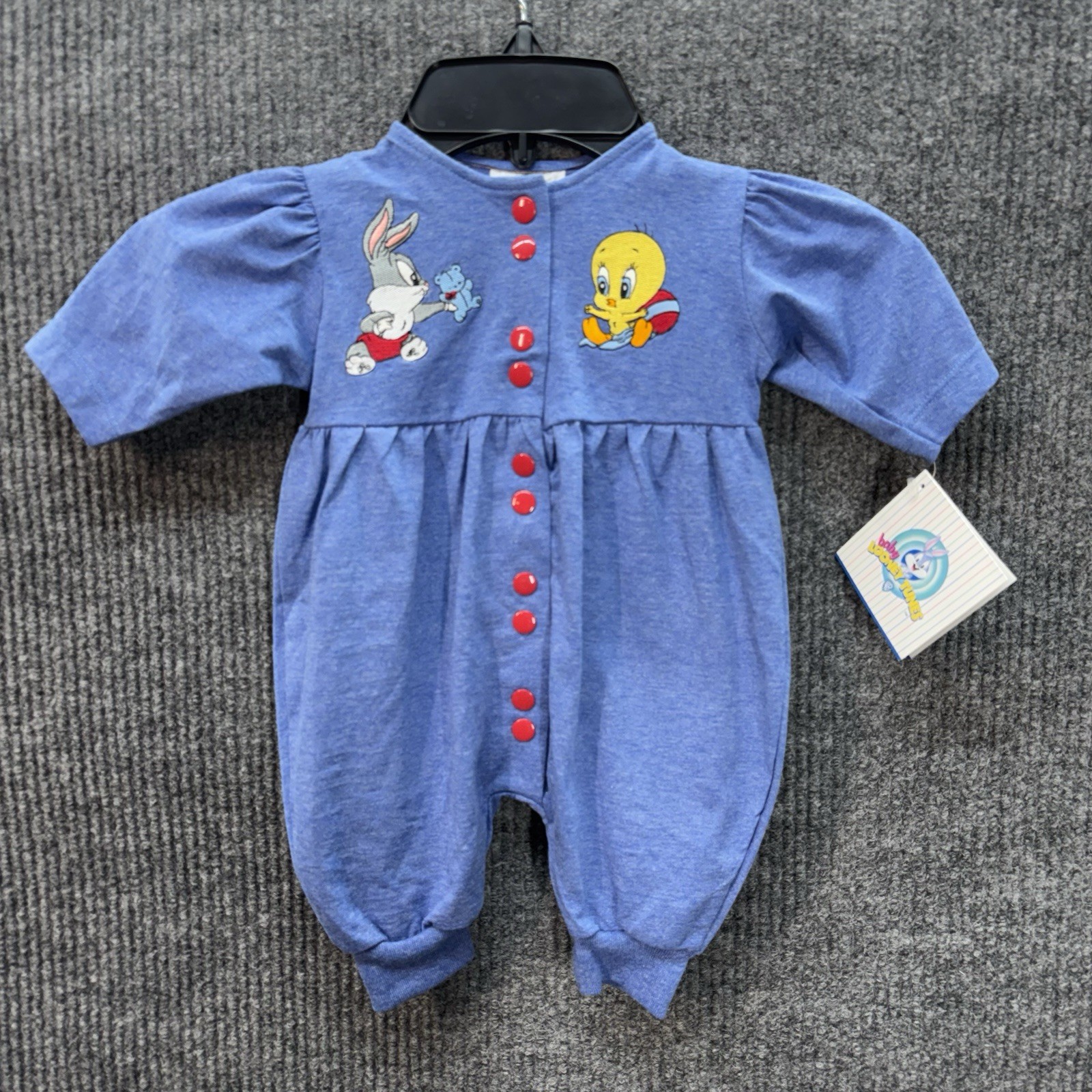 Vintage Baby Looney Tunes Romper Size 0-3 Months Blue Embroidered Snap 90s NEW
