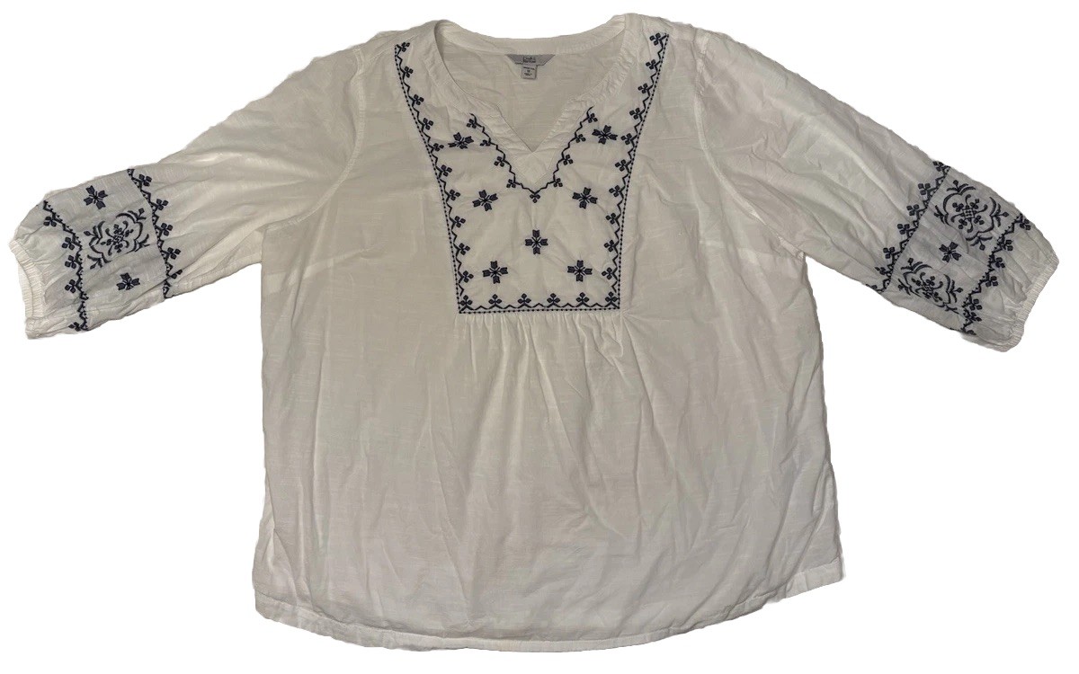 Croft & Barrow Womens 1X White Embroidered Tunic Top Blue Boho Peasant Cotton