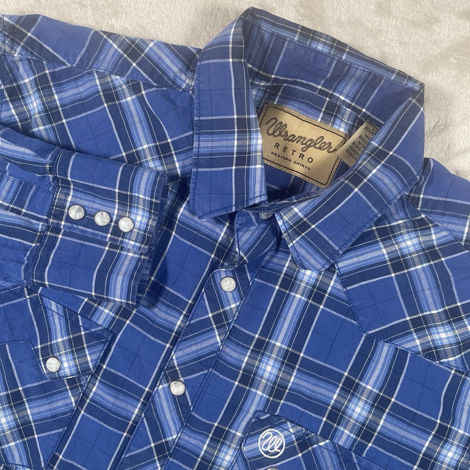 Wrangler Retro Sawtooth Pocket Western Cowboy Pearl Snap Men’s L Blue Plaid