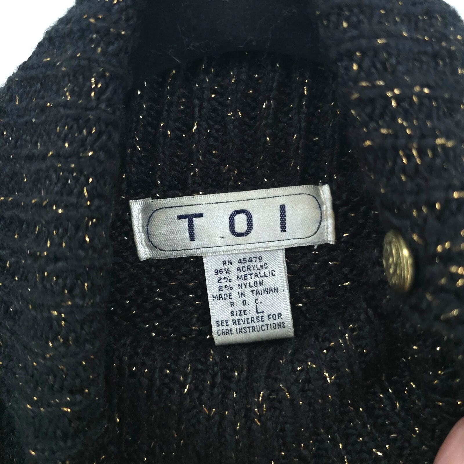 Vintage Toi Turtleneck Thick Ribbed Black & Gold Metallic Sweater Gold Buttons L
