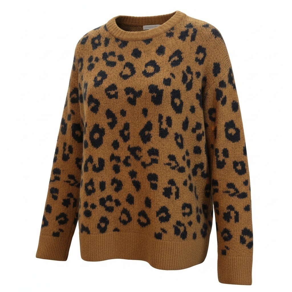 Old Navy Fuzzy Leopard Animal Print Sweater Sz Large Camel Brown Black Cozy Fall