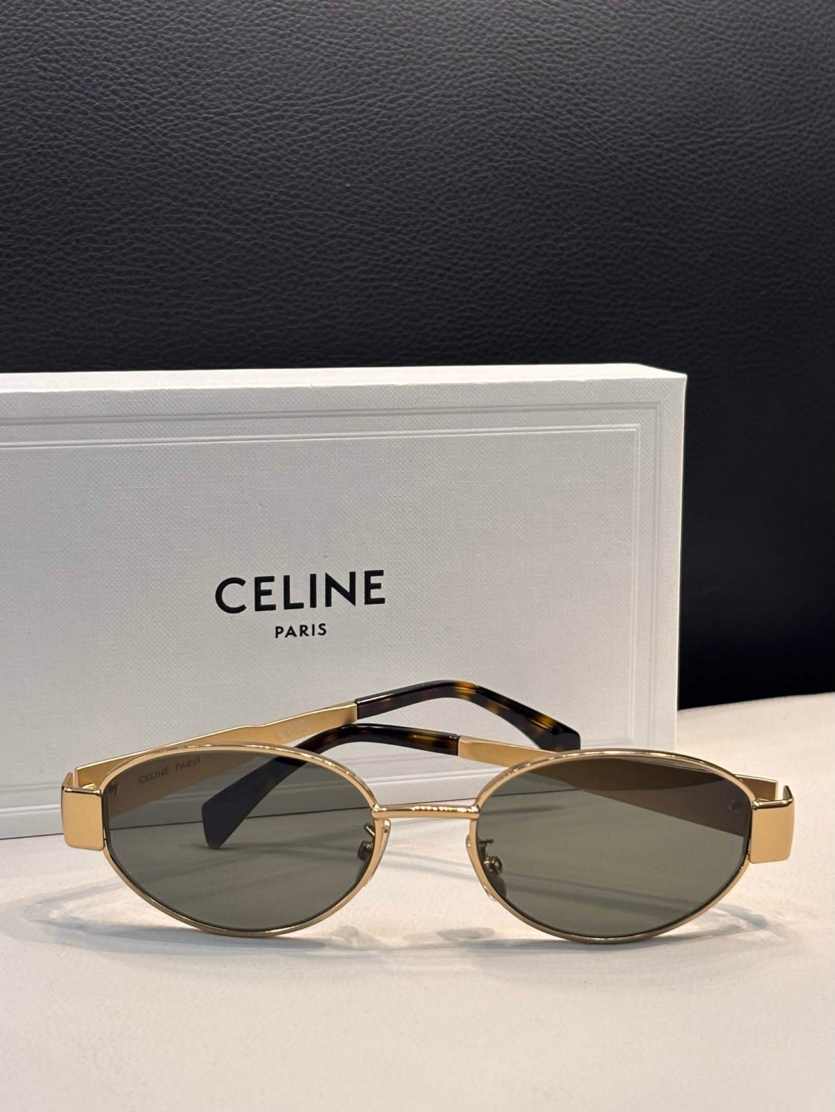 NEW CELINE Triomphe Metal 01 Oval Sunglasses in Gold/Green Tortoise Shell w/ Bag