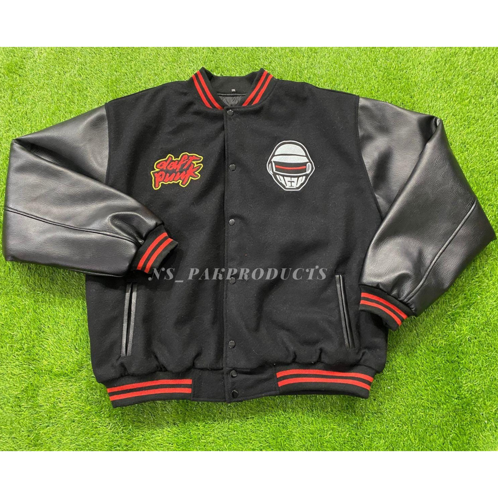 Letterman Daft Punk Jacket All Black Wool & Leather Sleeves Varsity Jacket