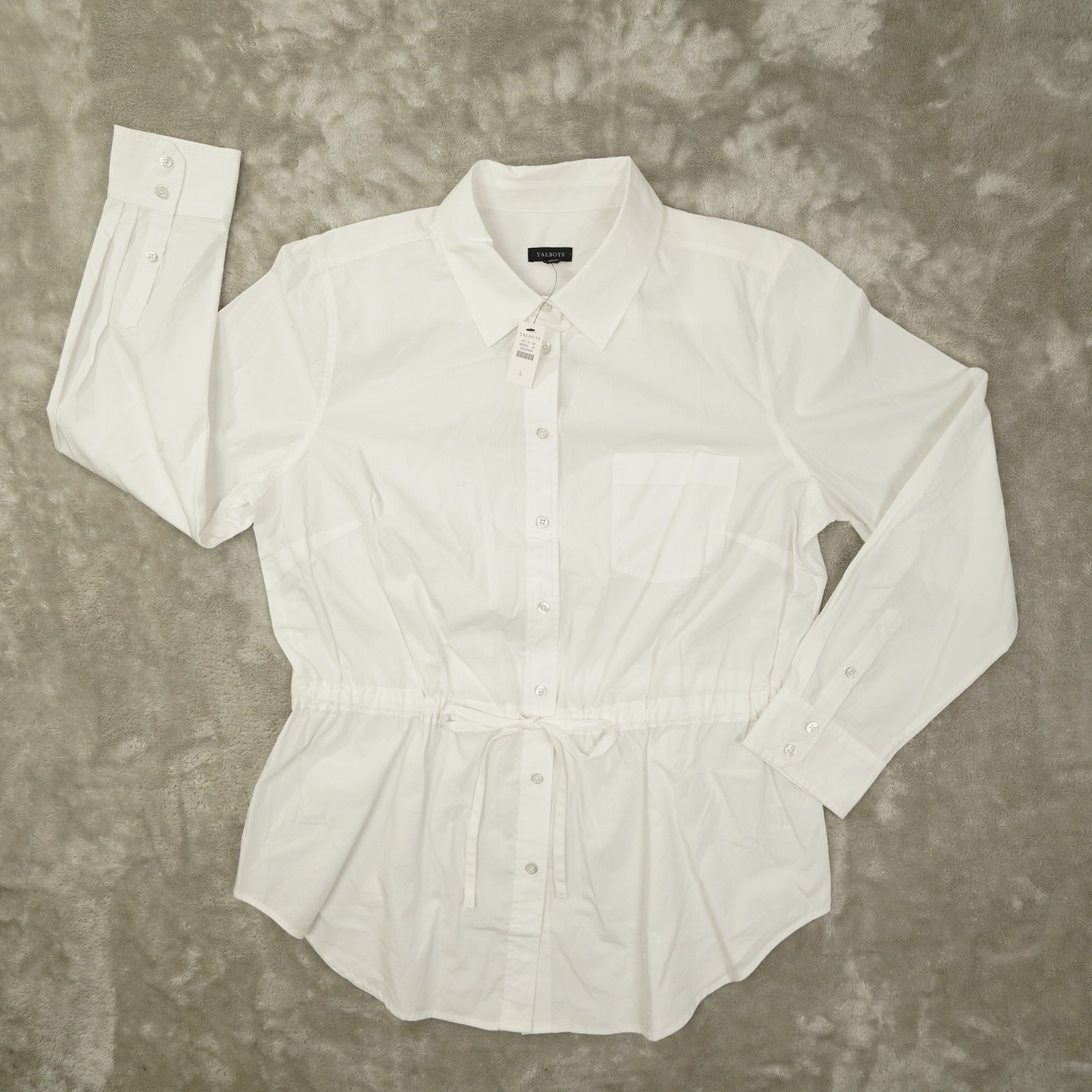 Talbots Button Up Tunic Shirt Women’s Large White Cinch Tie Waist Classic NWT