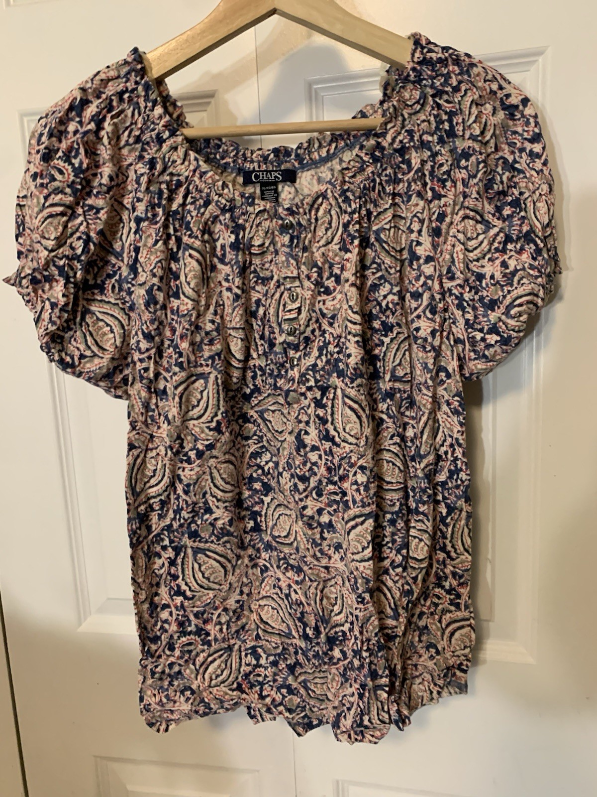 Chaps Womens XL Floral Print Round Neck Cap Sleeve Blouse Top Pink Blue Paisley
