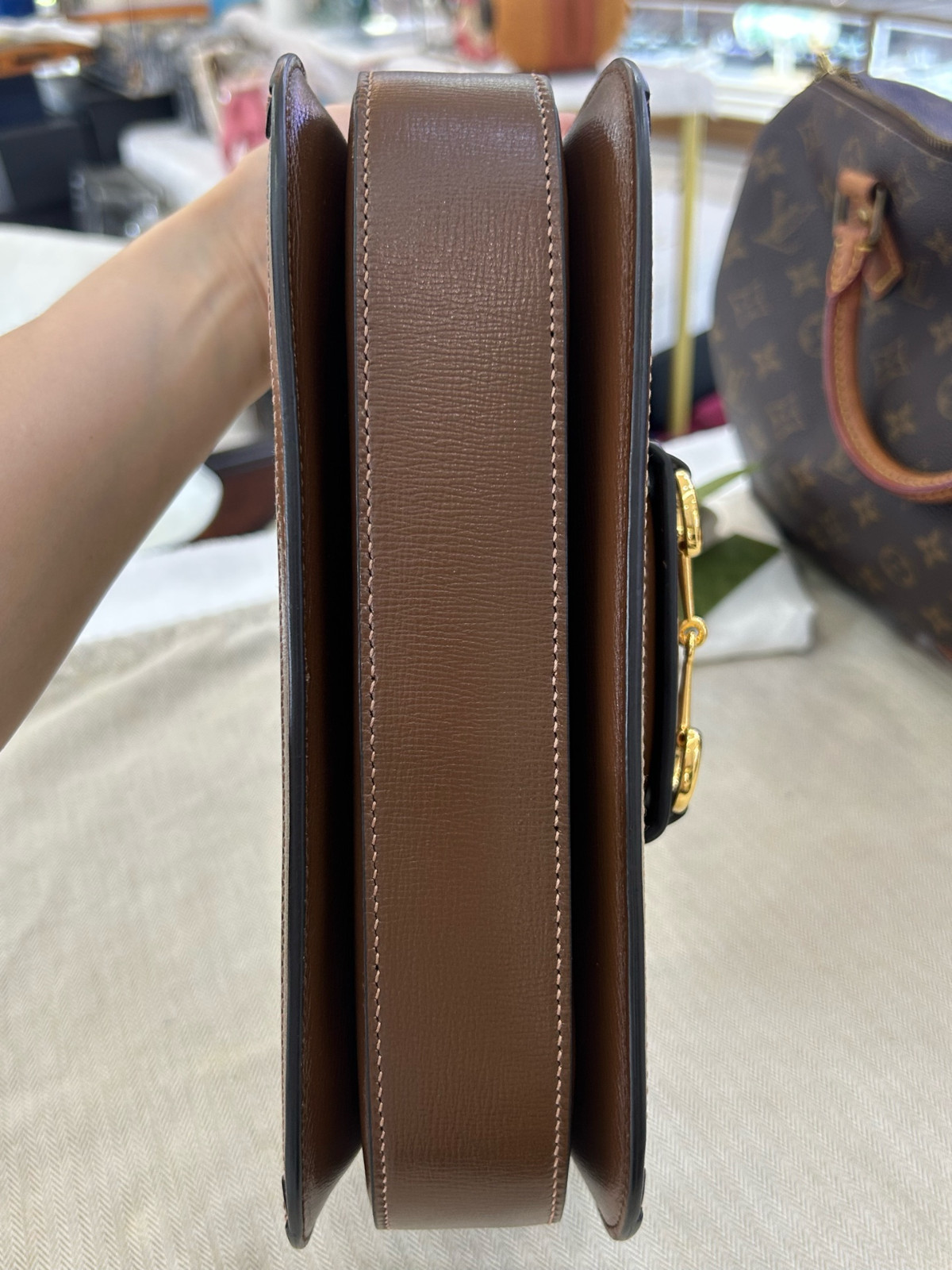 Authentic Gucci Horsebit 1955 GG Supreme Canvas and Leather Shoulder Bag Brown