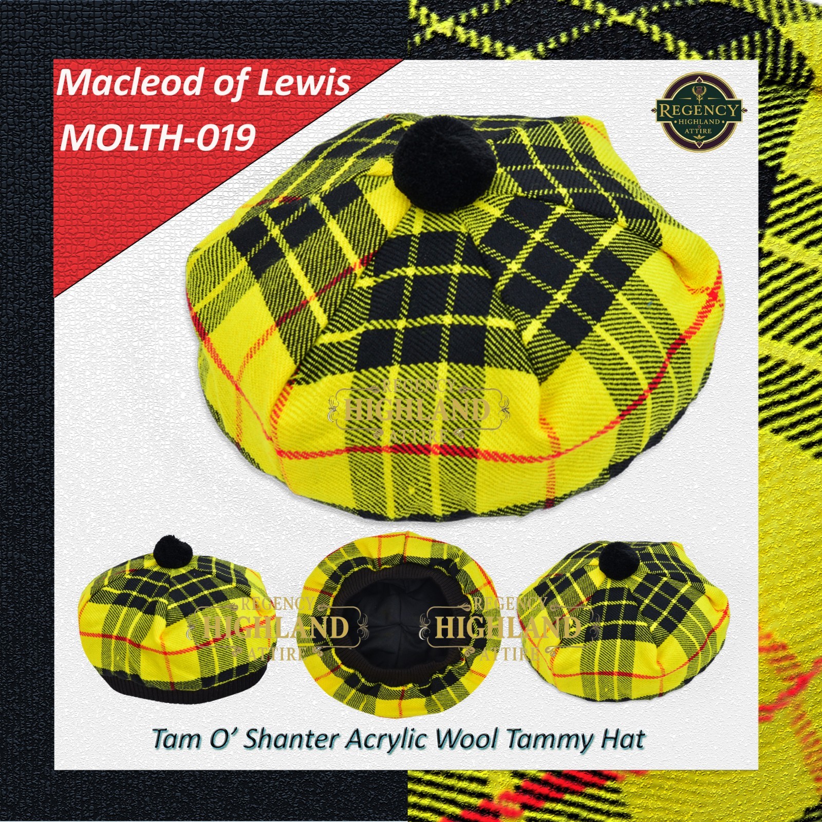 Unisex Great Scottish Highland Tam O Shanter Hat Made of Acrylic Wool Tartan.