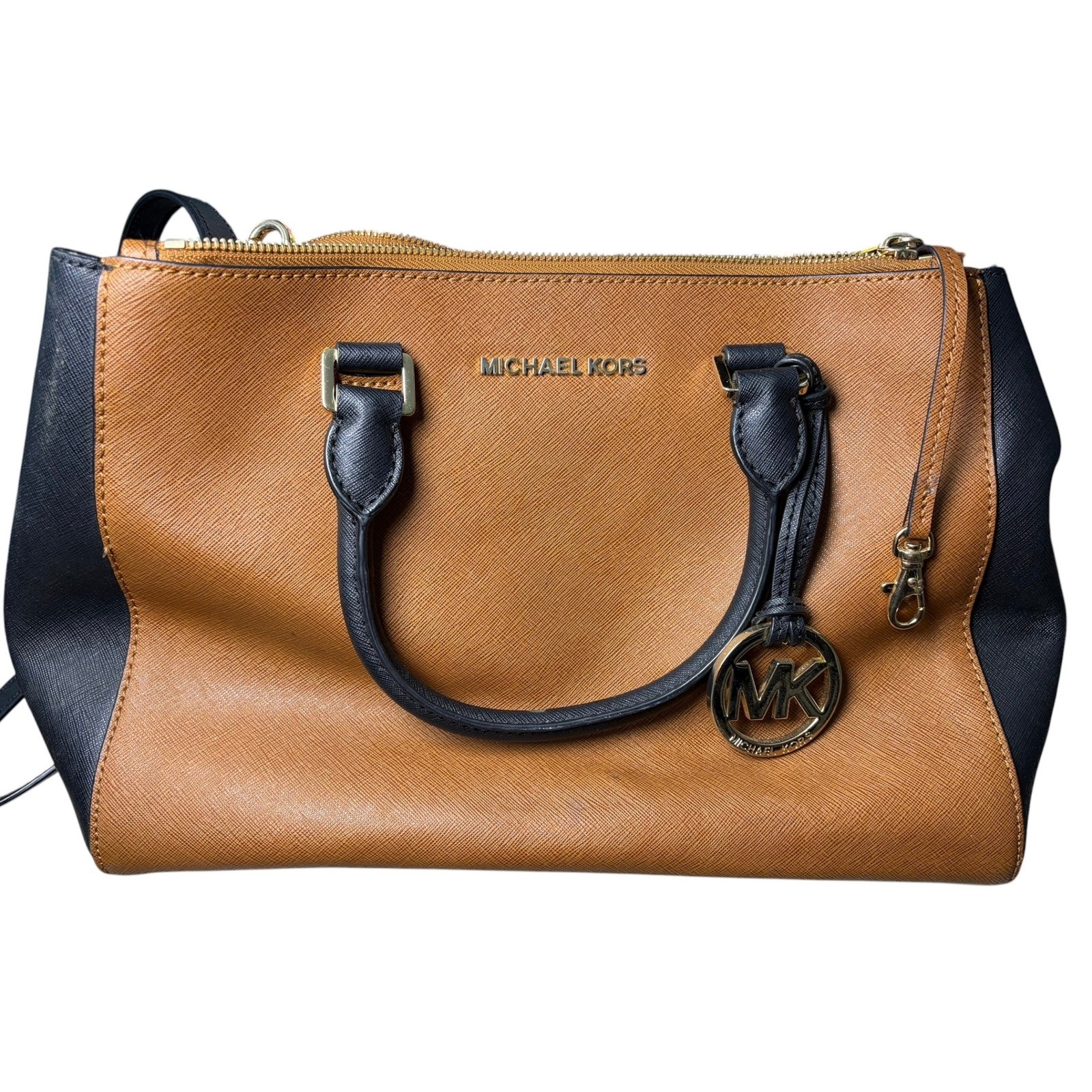 Michael Kors Savannah Satchel Brown Black Saffiano Leather Crossbody Handbag