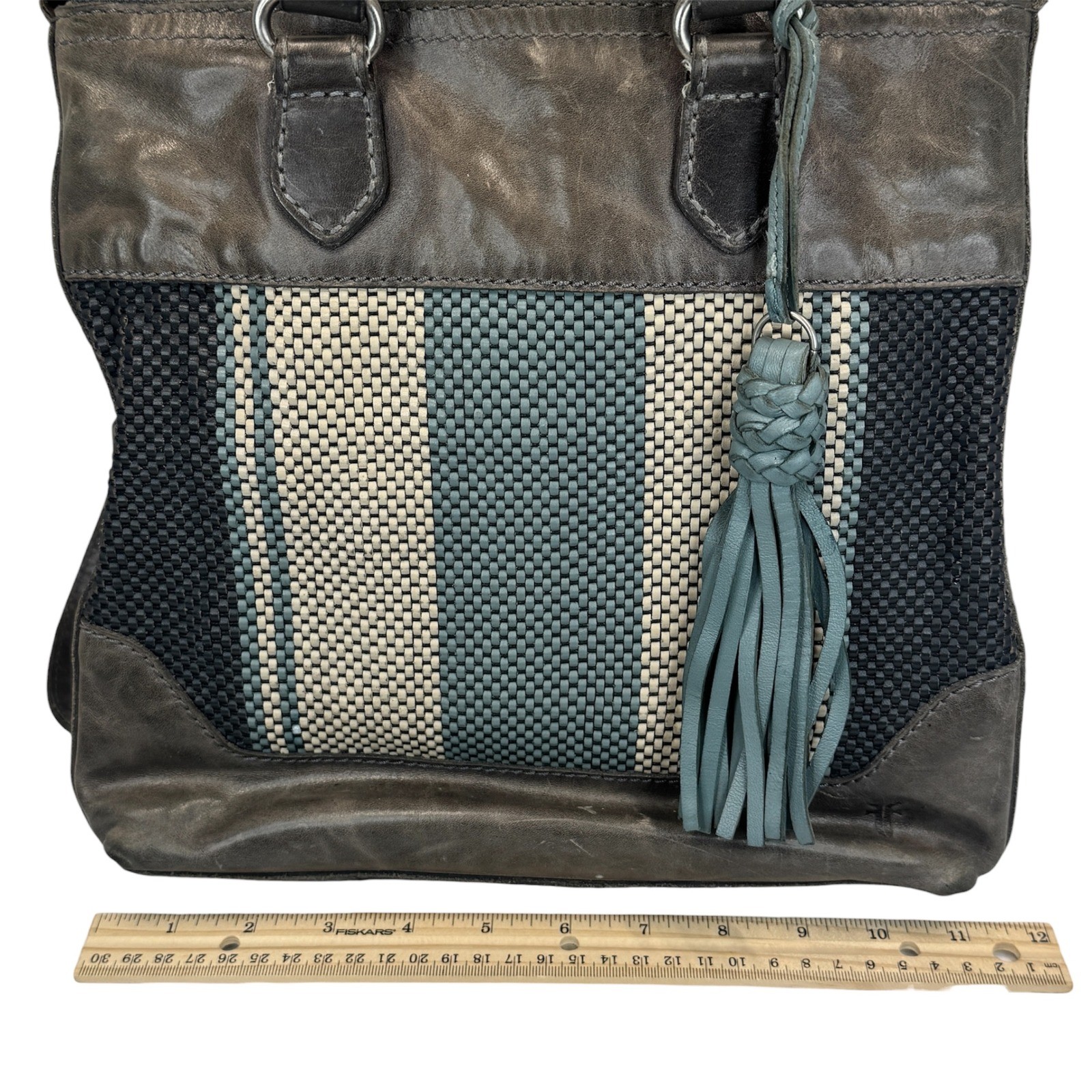 Frye Melissa Striped Crossbody Satchel Grey Leather Woven Bag Tassel Charm