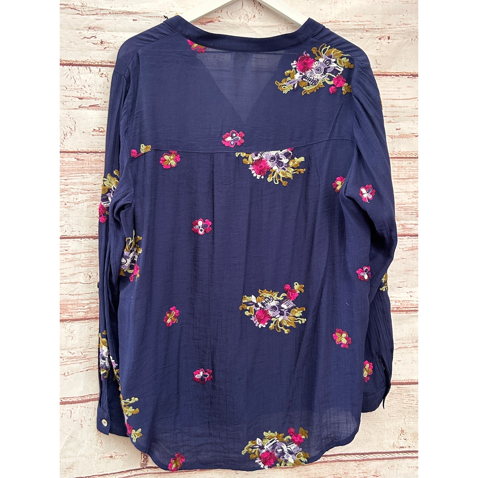 FIG & FLOWER Navy Blue Floral Embroidered Button Up Blouse Boho Top L