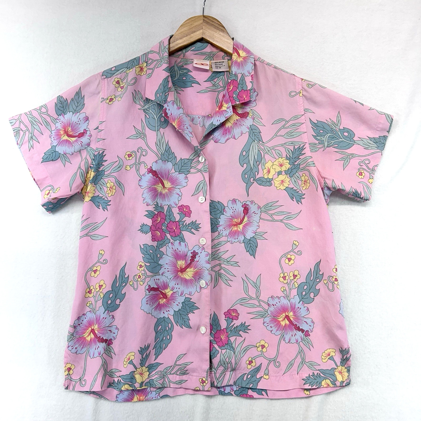 Ocean Pacific OP Pink Hibiscus Floral Button Down Shirt Womens Size M Rayon Vtg