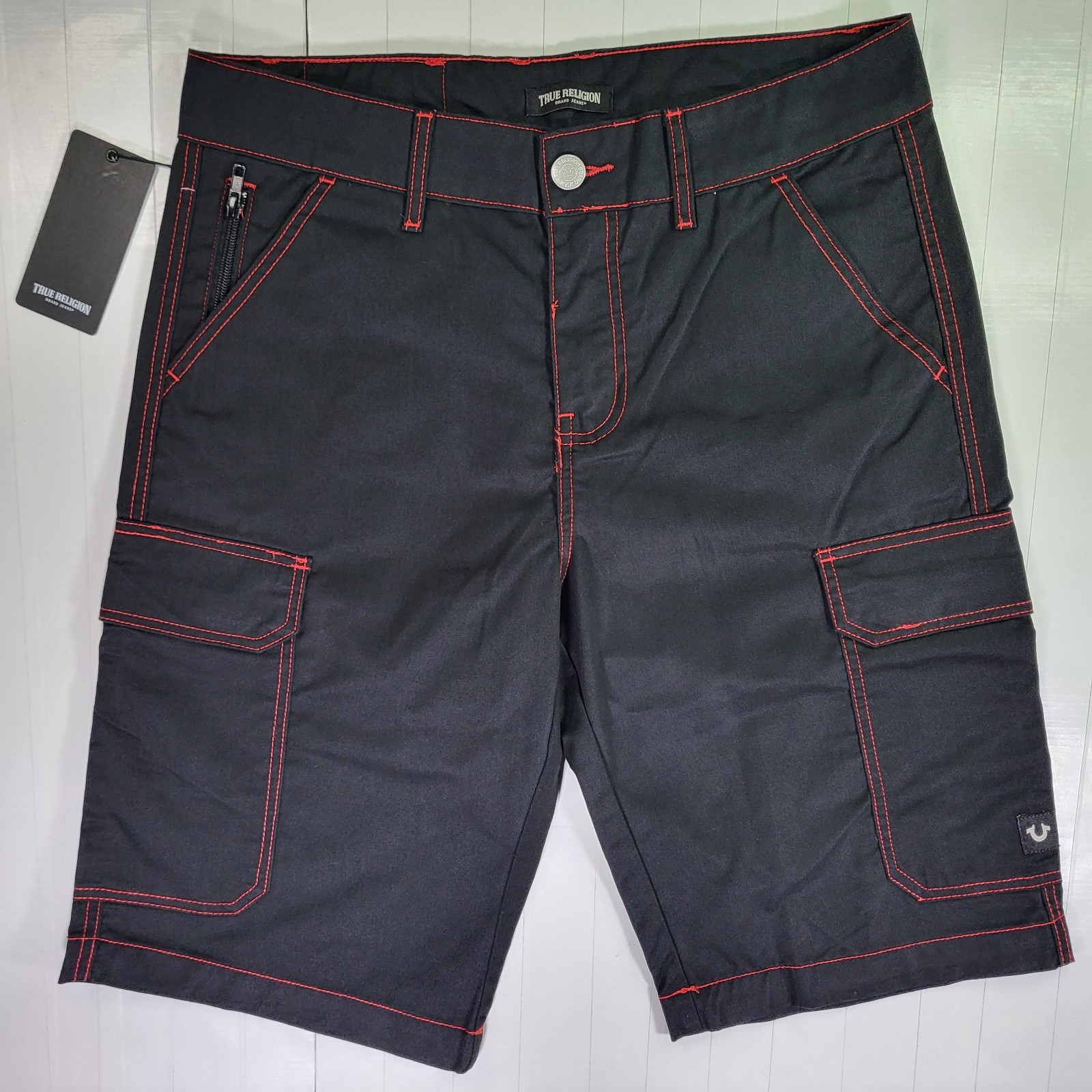 True Religion Black Cargo Shorts Men’s Red Stitch Nwt 30 32 34 Left Pick Size
