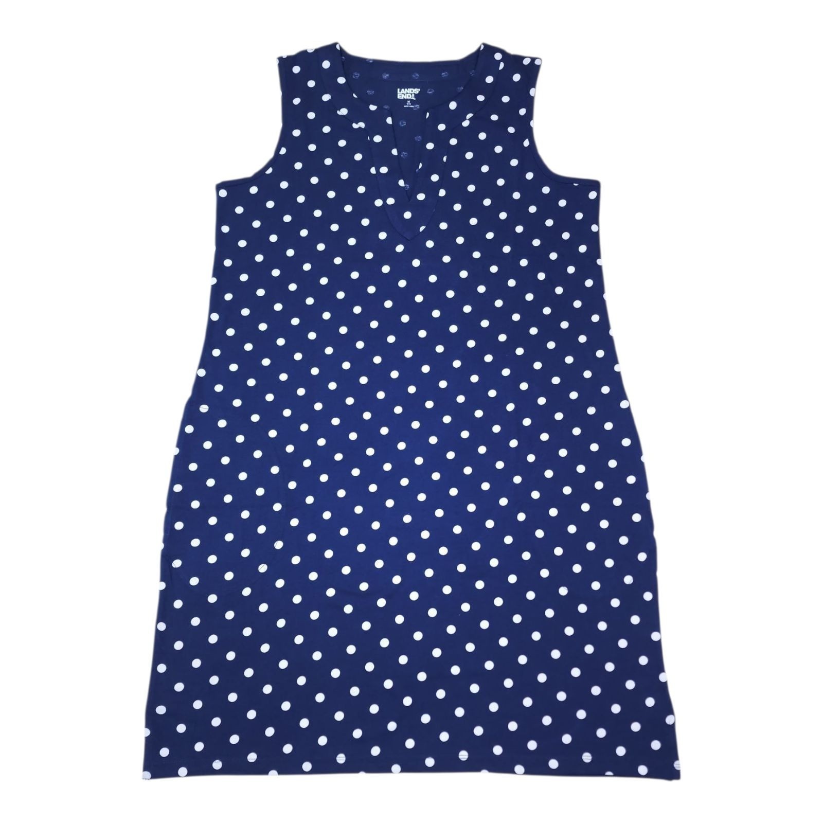 Lands End Womens Polka Dot Sleeveless Cotton Shift Dress Navy White Size M