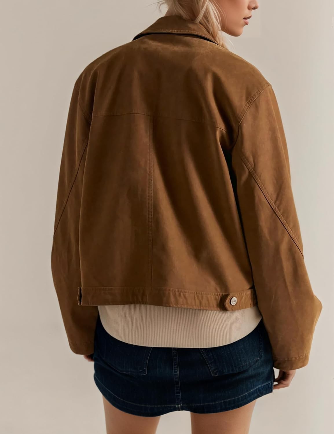 Women Vegan Suede Bomber Lightweight Cropped Jacket Loose Lapel, Size Large