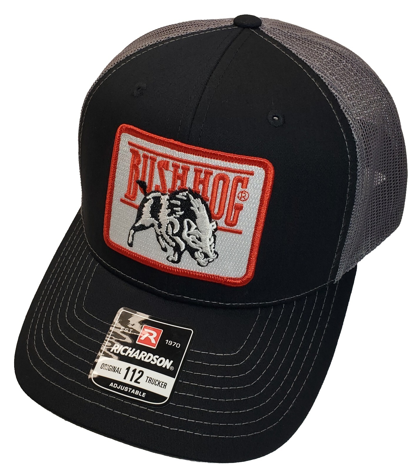 Bush Hog Patch on Richardson 112 Trucker Hat Snapback Black/Charcoal