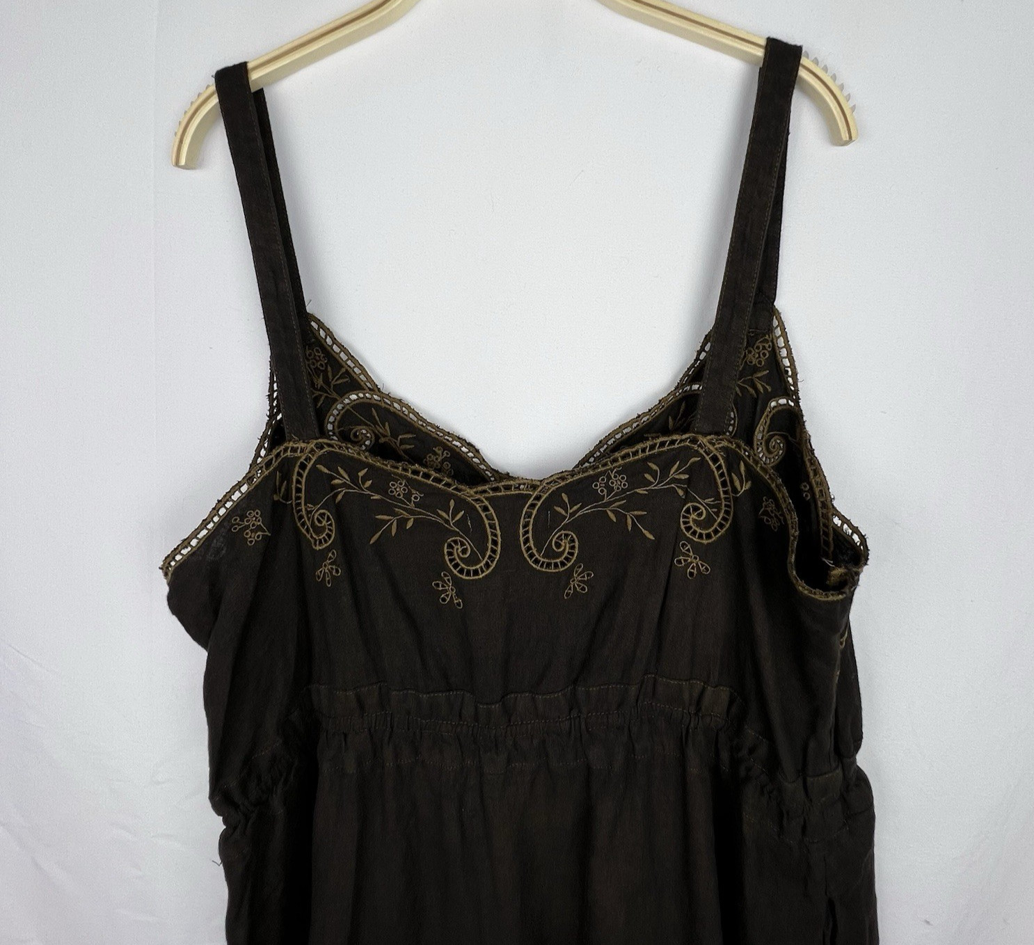 J.CREW Brown 100% Linen Embroidered Slip Dress Women 16 Boho Peasant Pockets