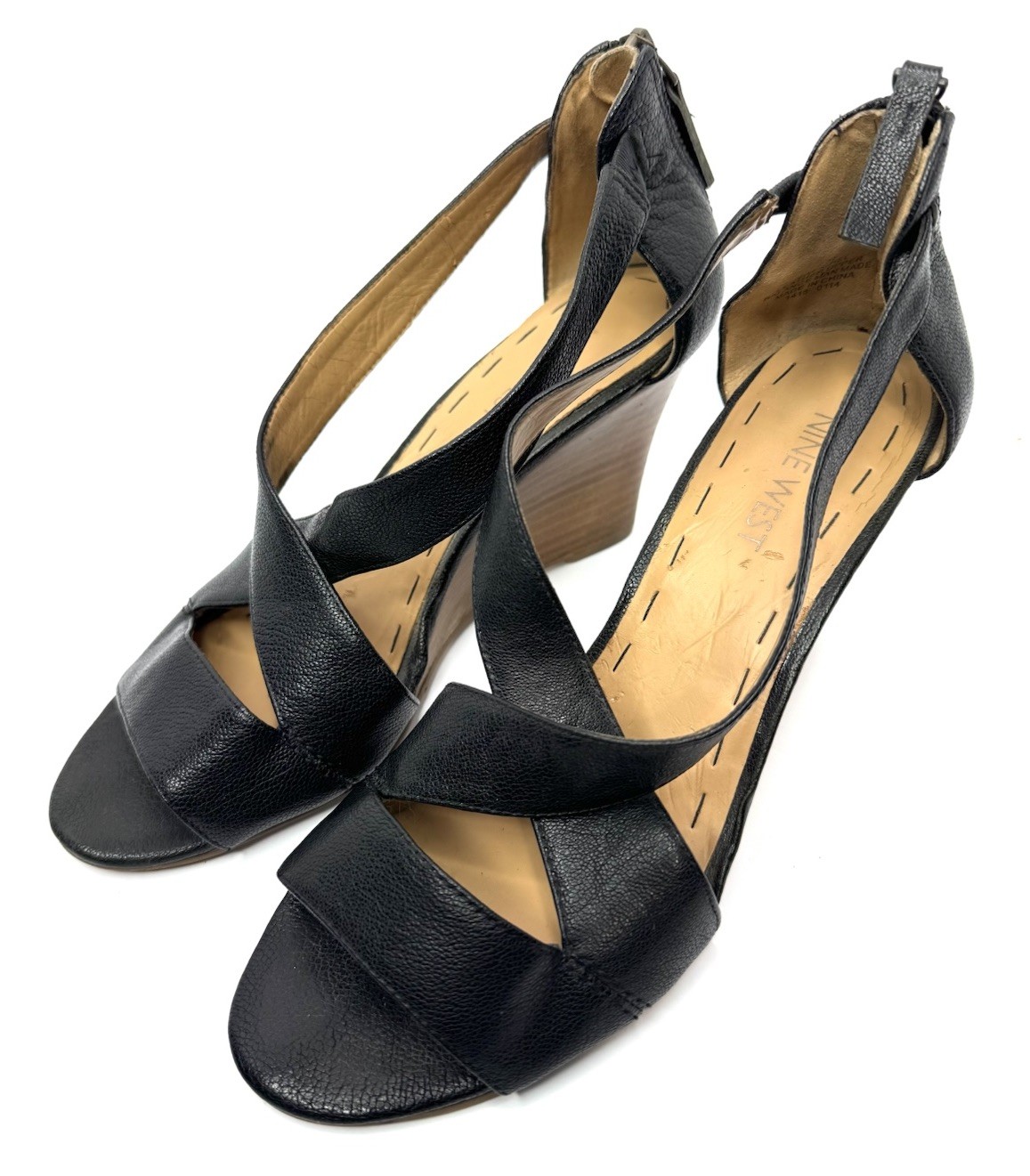 Nine West Women’s Black Leather Wedge Sandals Strappy Peep Toe Size 7M