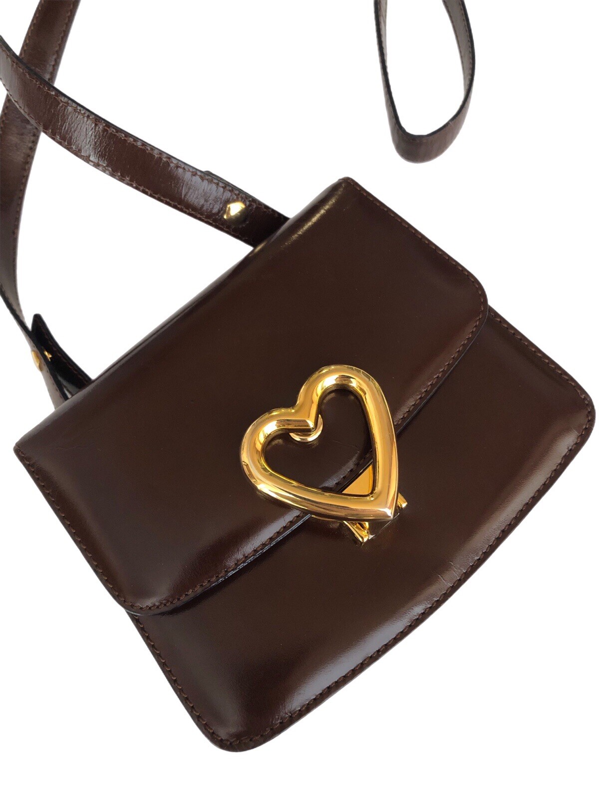 MOSCHINO Redwall Vintage Brown Leather Heart Shoulder Crossbody Belt Small Bag