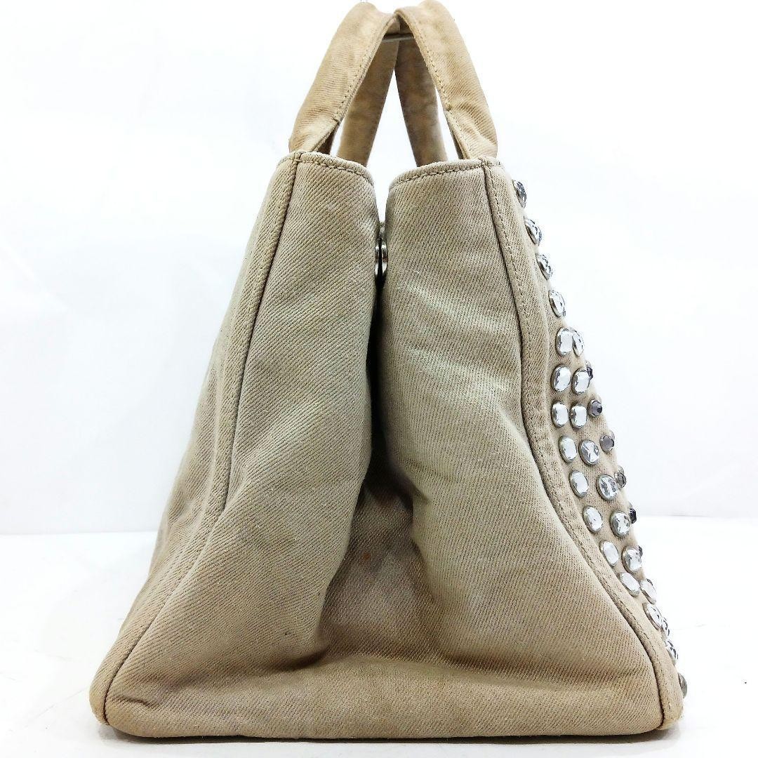PRADA Canapa Bijou 2 Way Leather Canvas Shoulder Handbag Greige Silver Auth