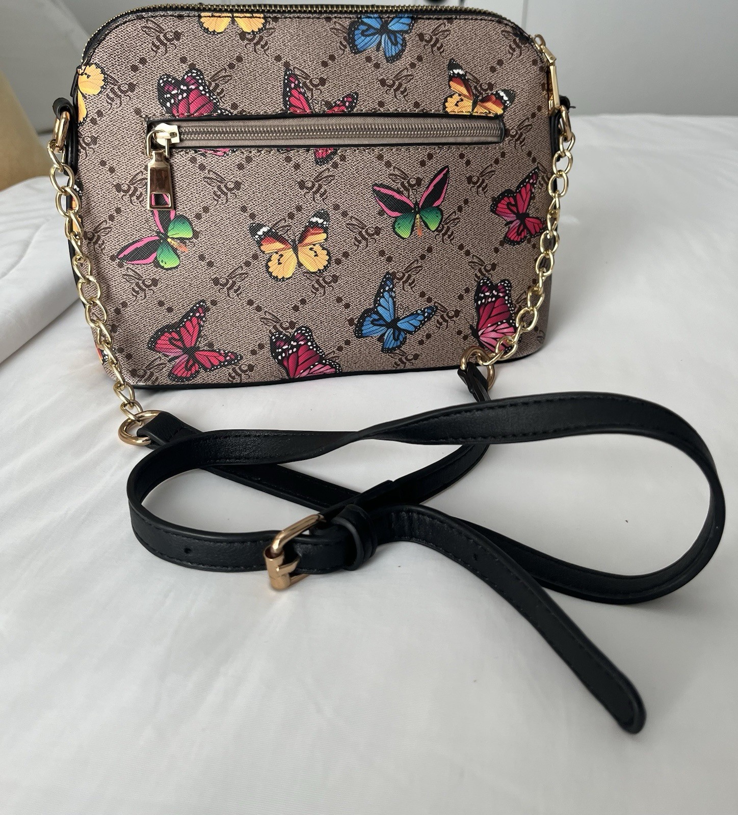 Brown Multicolor Butterfly Crossbody Bag Zip, Gold HW, Chain Bee, Adj Strap