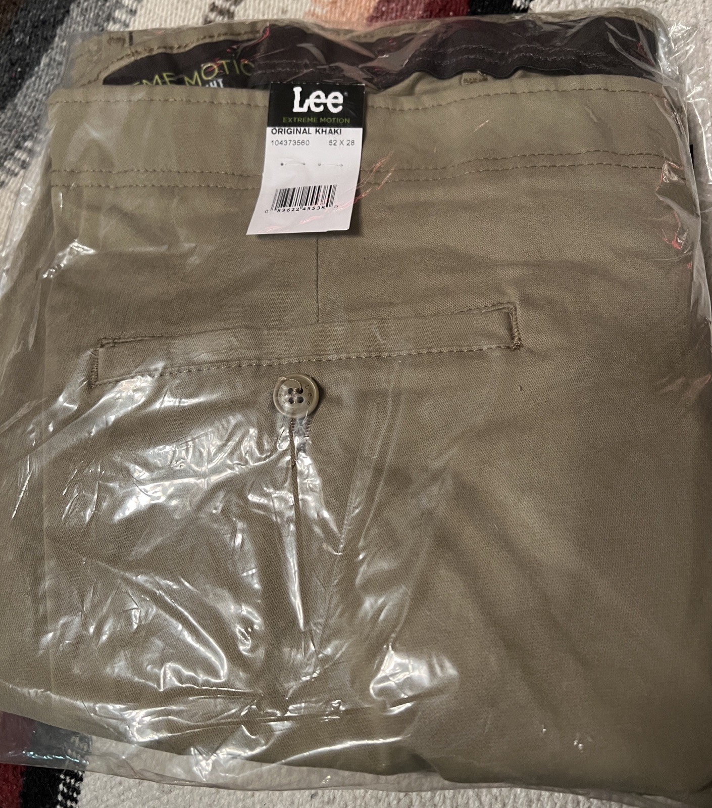 Lee Extreme Motion Pants Mens Stretch 52×28 Khaki Straight Fit Tapered Leg – New