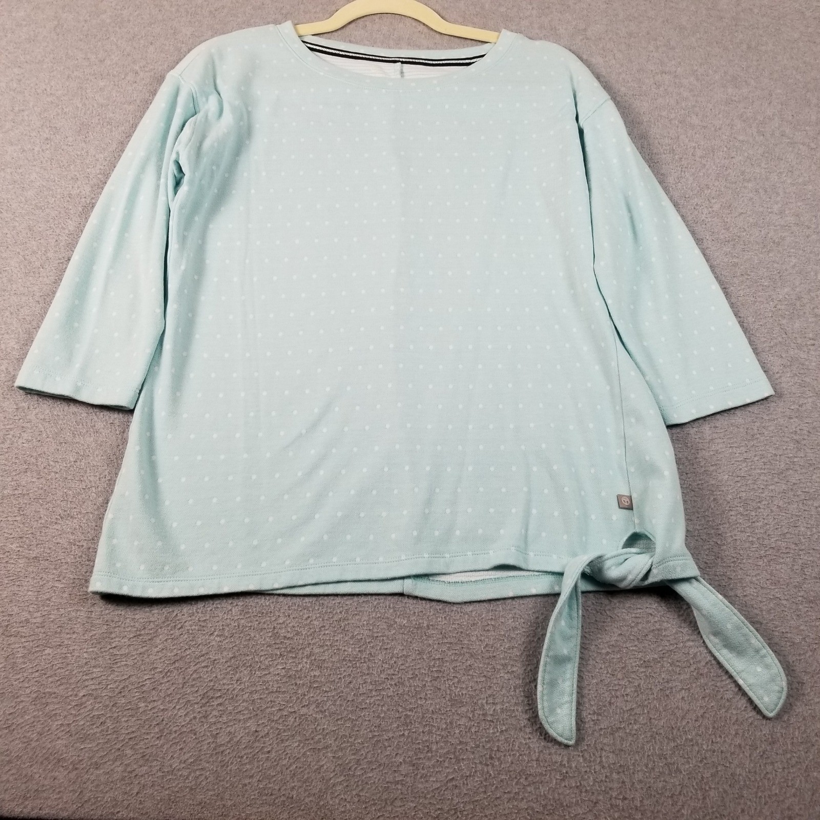 Talbots Top Womens PM Medium Petite Blue White Polka Dot 3/4 Sleeve Stretch Knit