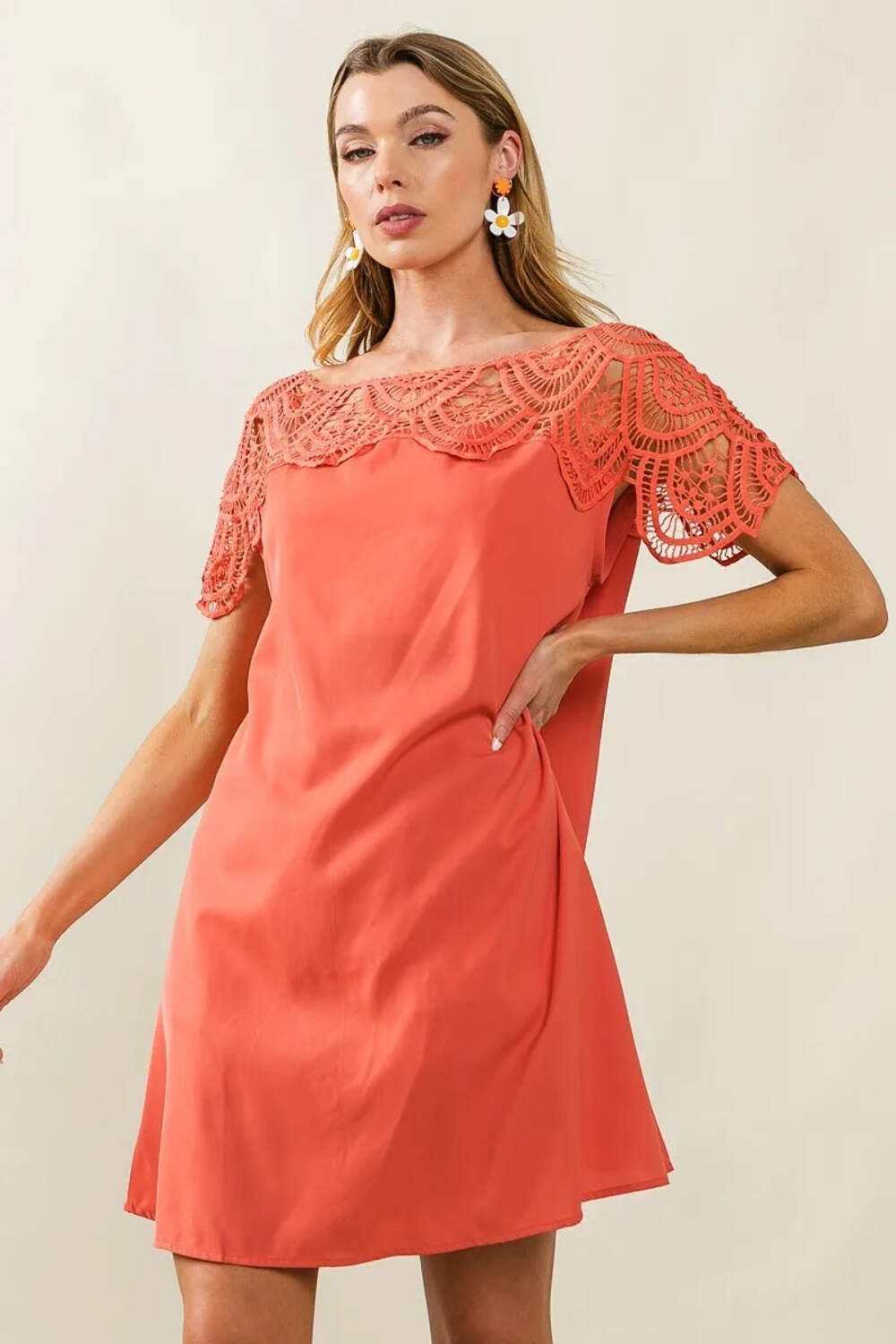 Crochet Lace Yoke Detailed Wrinkled Dress