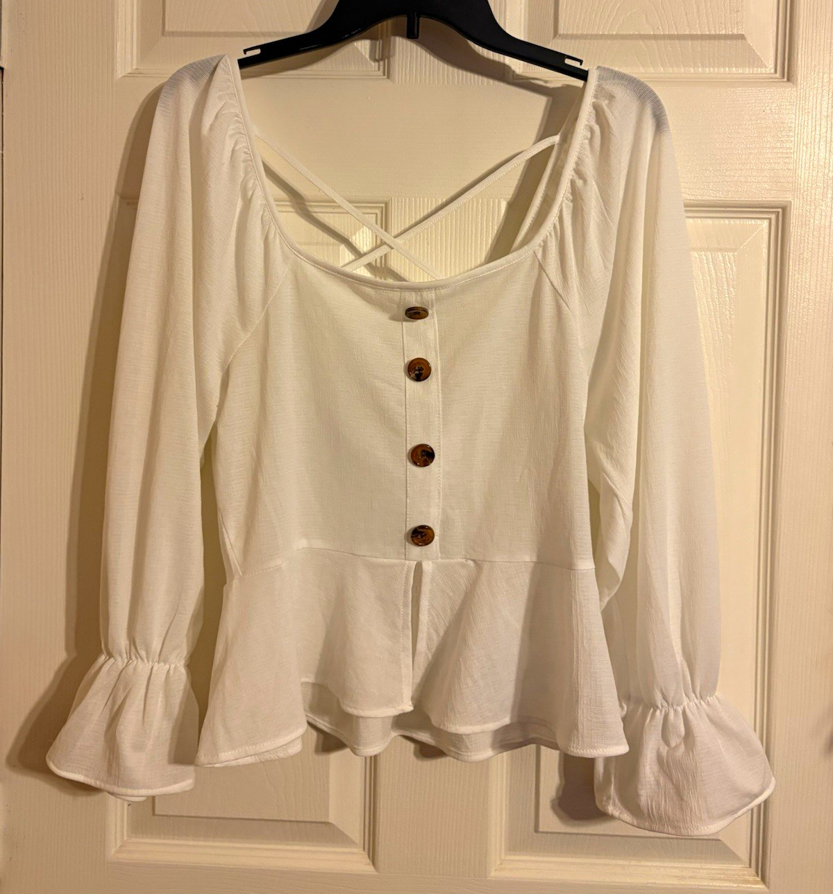 Full Circle Trends Solid White Smocked Square Neck Button-Front Peplum Blouse L