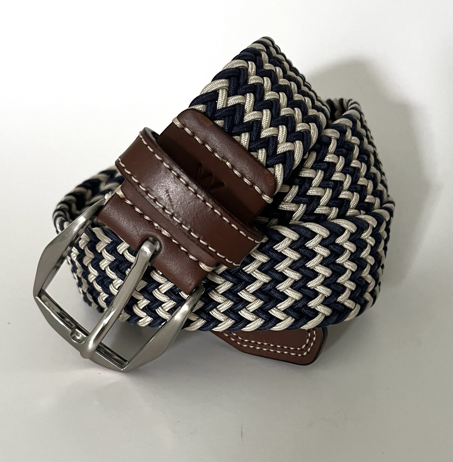 Martin Dingman Leather End Belt Beige Navy Tan Braided Woven Rope Size 34