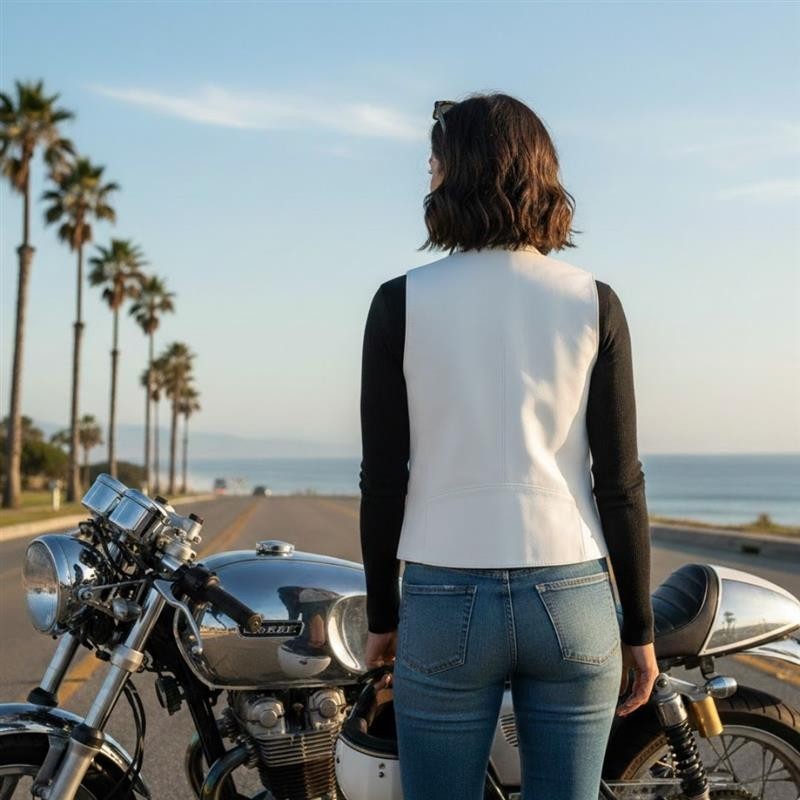 White Women Bullet Proof style Leather Motorcycle Vest for bikers Club Tactical