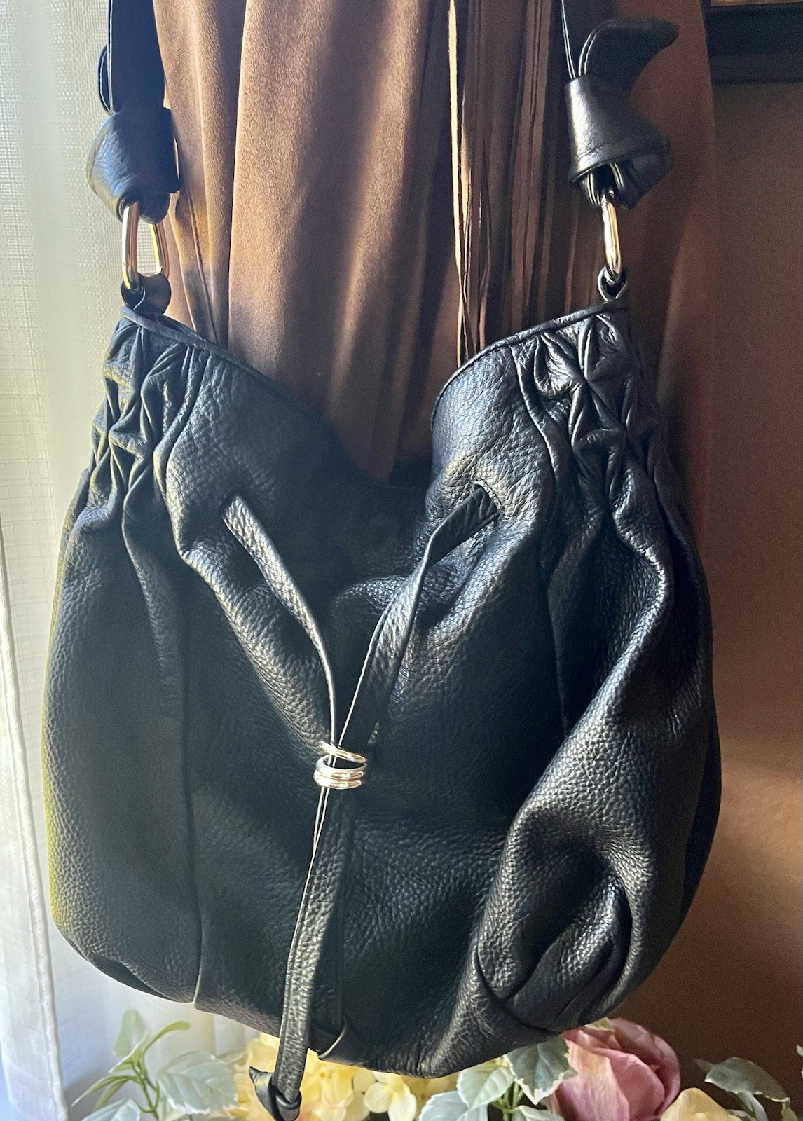 Elliott Lucca Pebbled Leather Drawstring Shoulder Bag. Black