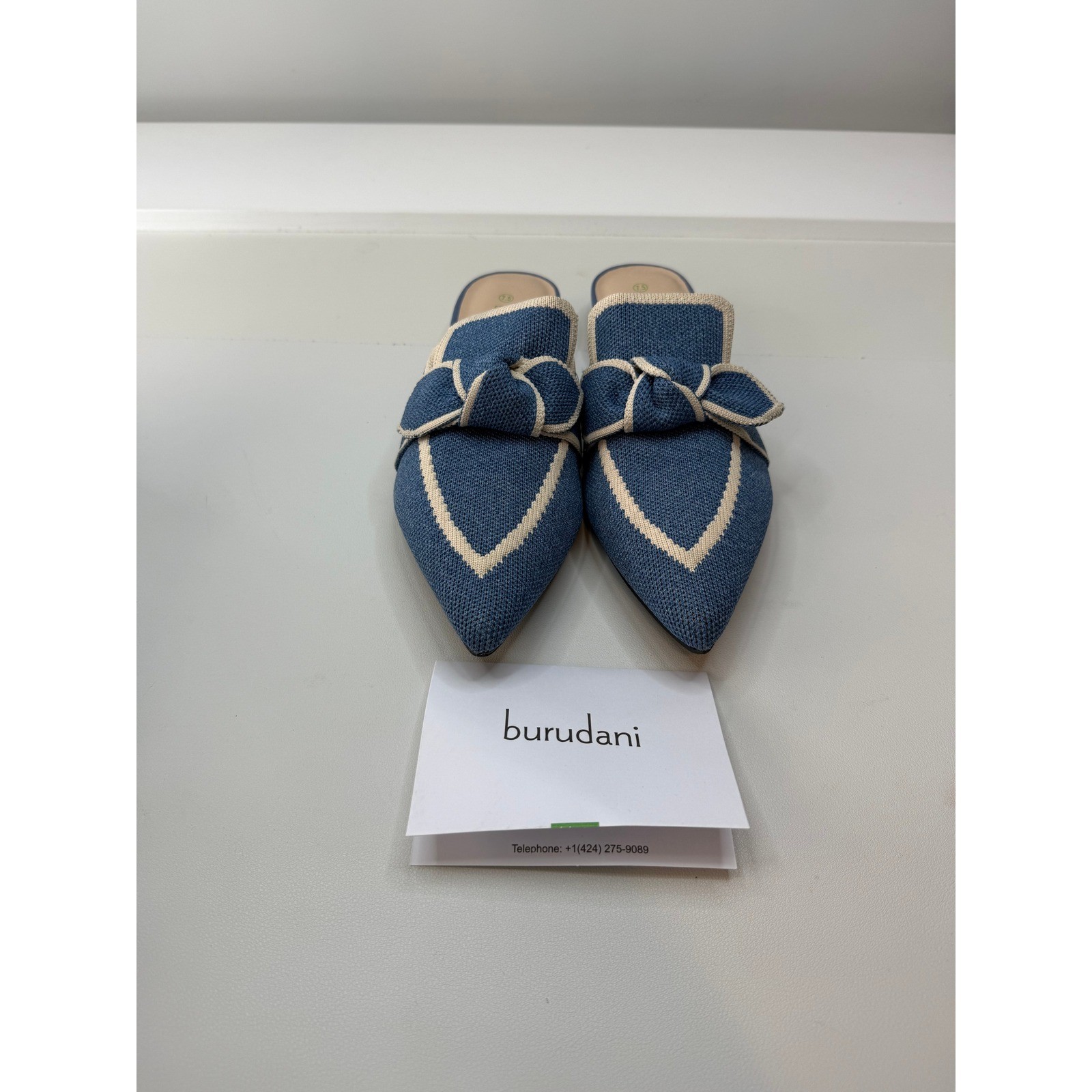 Burudani Blue Knit Pointed Toe Bow Mules Womens 7.5 SBDML2304W Flat Shoes New