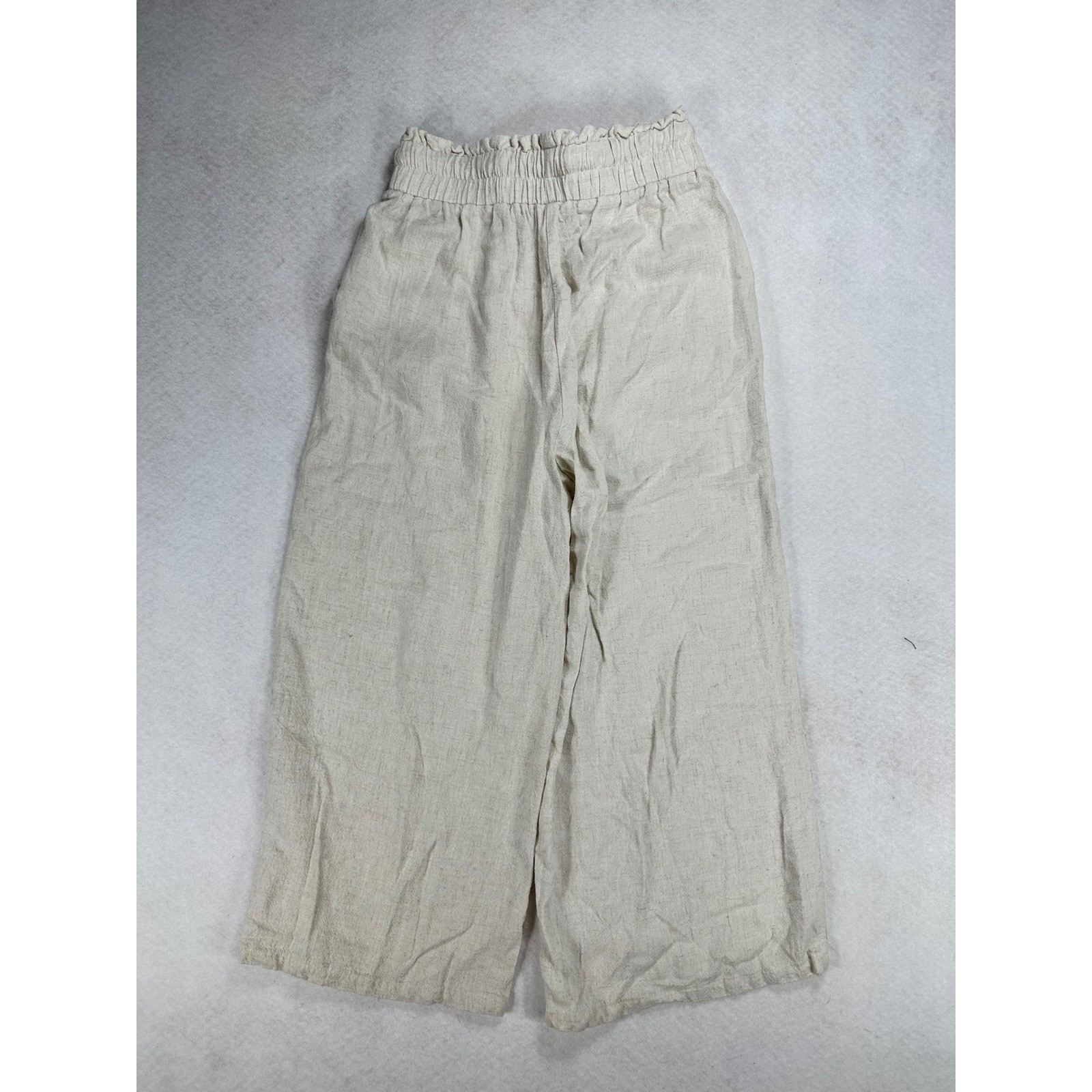 Anrabess Linen Blend Wide Leg Pants Beige Paperbag Waist Drawstring Small