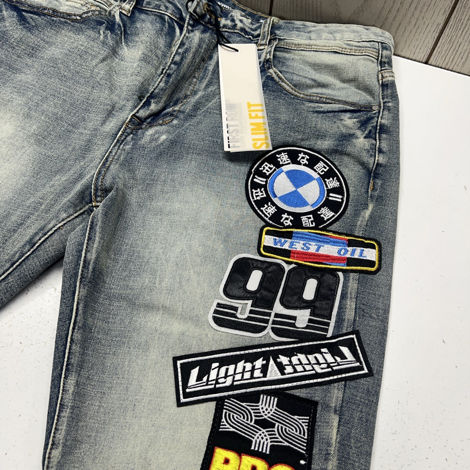 First Row Men’s Stylish Distressed Racing Jeans W/ Patches NWT Size 38-32