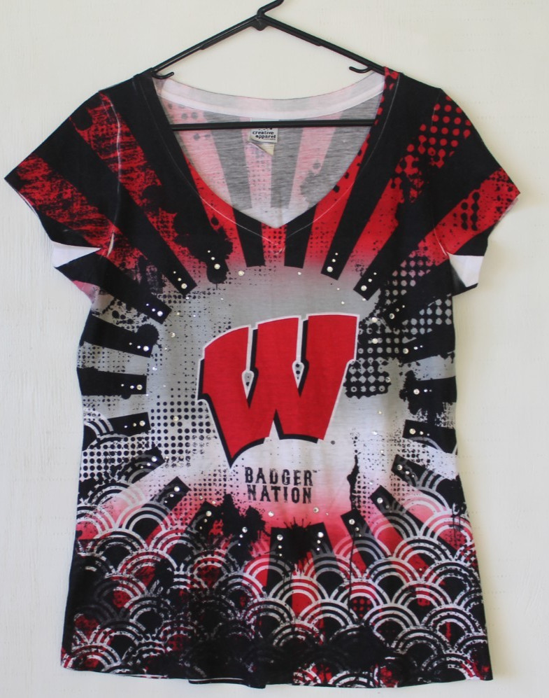 Women’s Wisconsin Badgers Rhinestone Football V-neck T-Shirt Tee Bling Large
