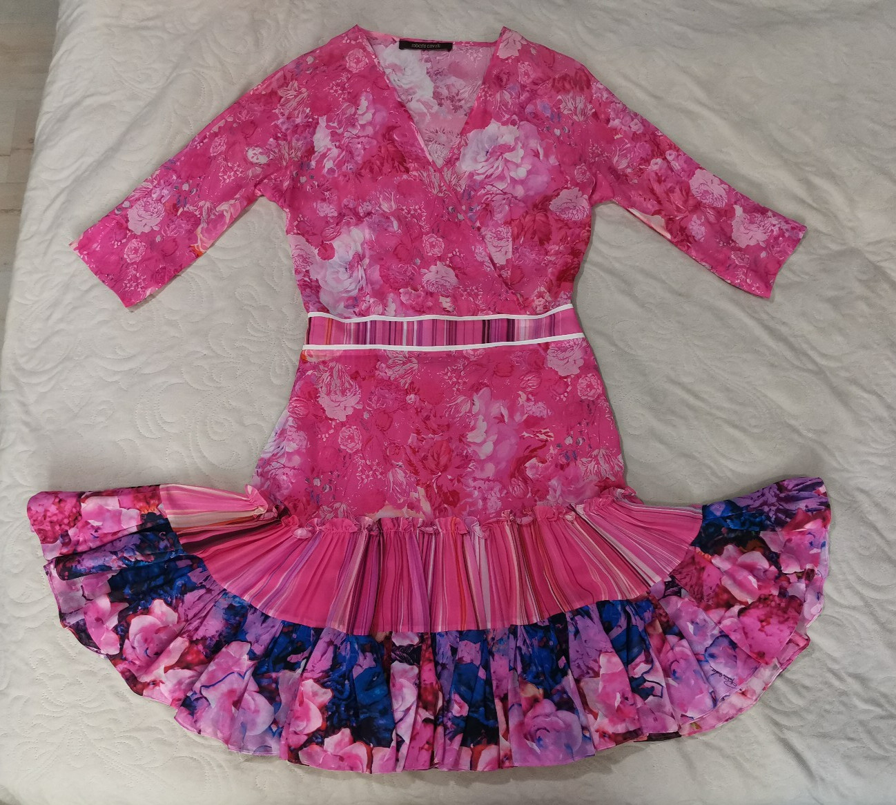Roberto Cavalli Vintage Floral Print Silk Chiffon Sheer Ruffle Dress IT38