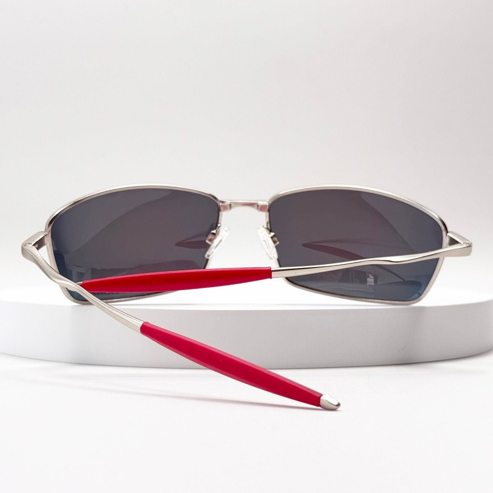 Oakley Whisker Sunglasses Silver Frame Ruby Lens Red Temple Metal Men